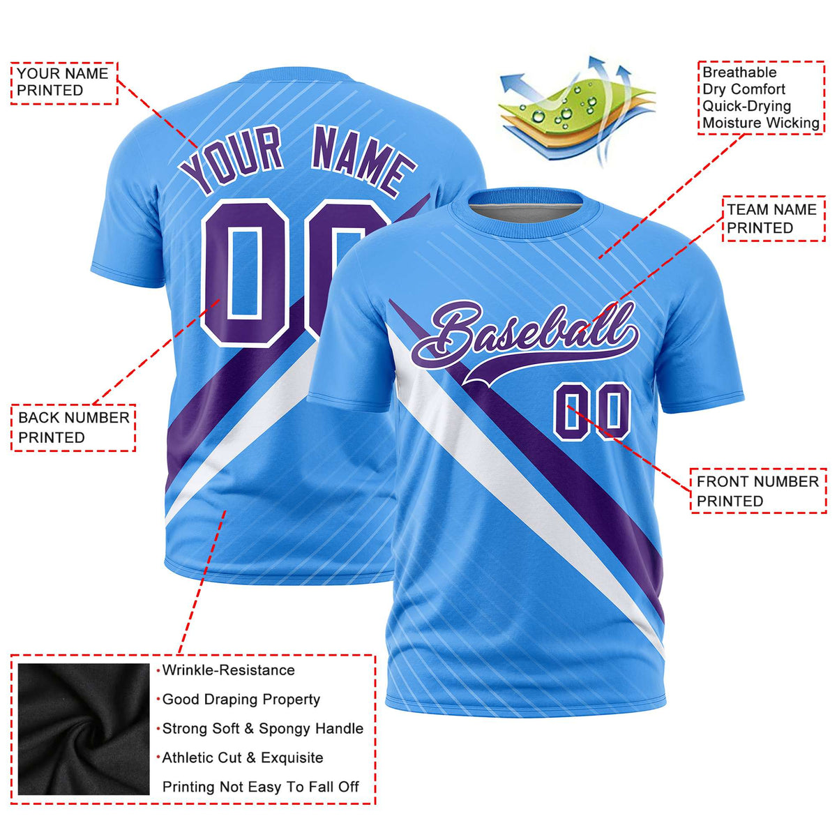 Custom Powder Blue-Purple White Personalized Slash Pattern Performance T-Shirt