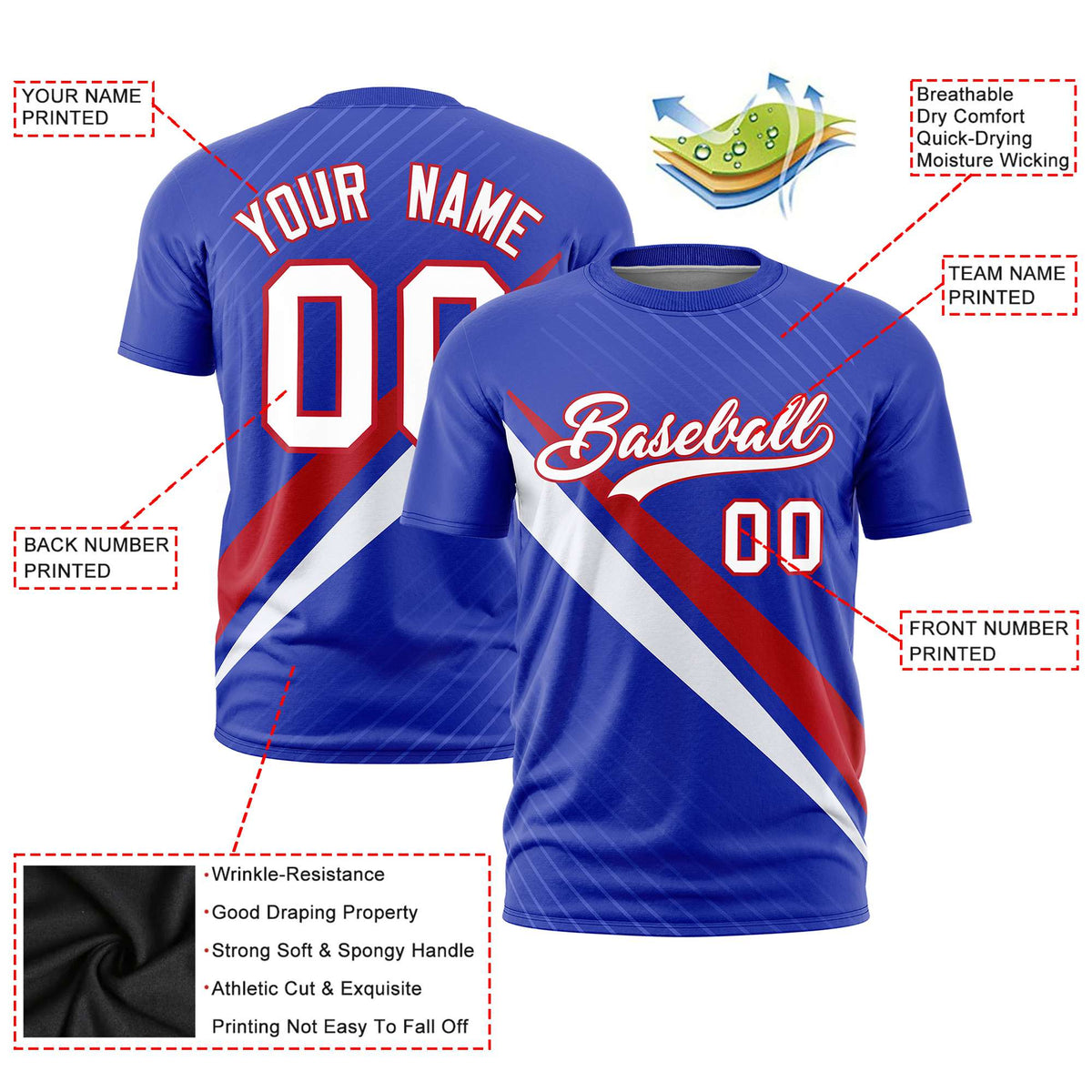 Custom Royal Blue-Red White Personalized Slash Pattern Performance T-Shirt