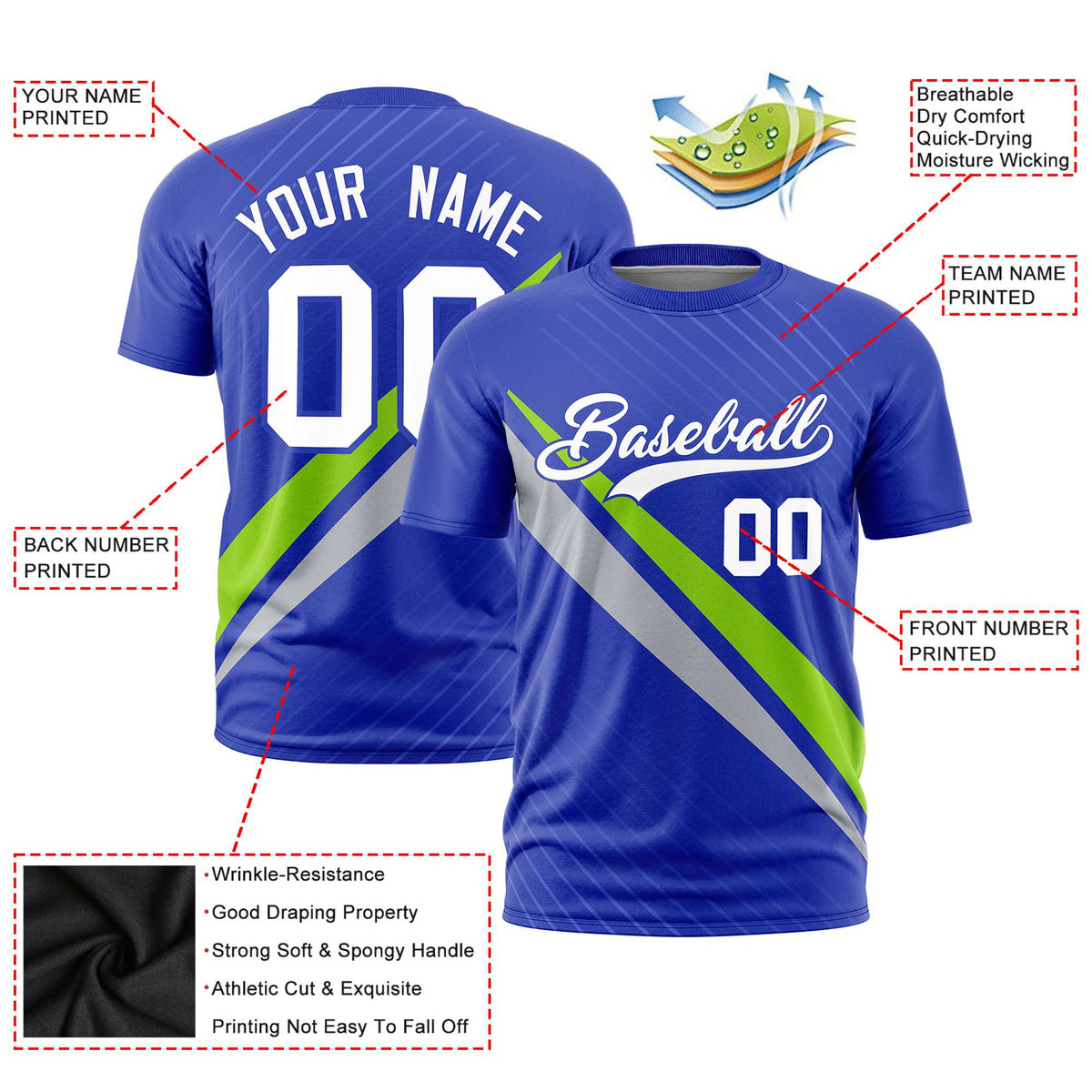 Custom Royal Blue-Neon Green Gray Personalized Slash Pattern Performance T-Shirt