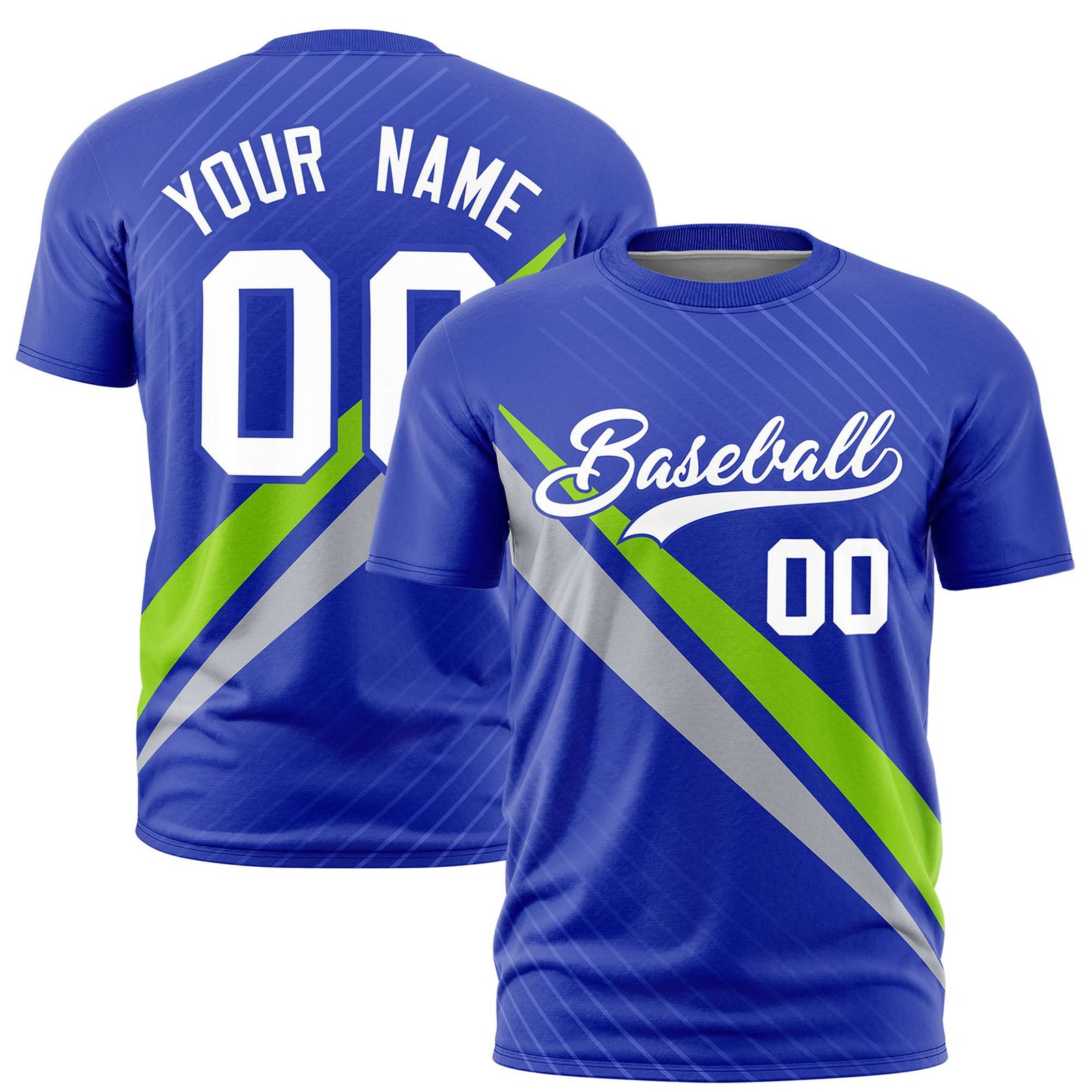 Custom Royal Blue-Neon Green Gray Personalized Slash Pattern Performance T-Shirt