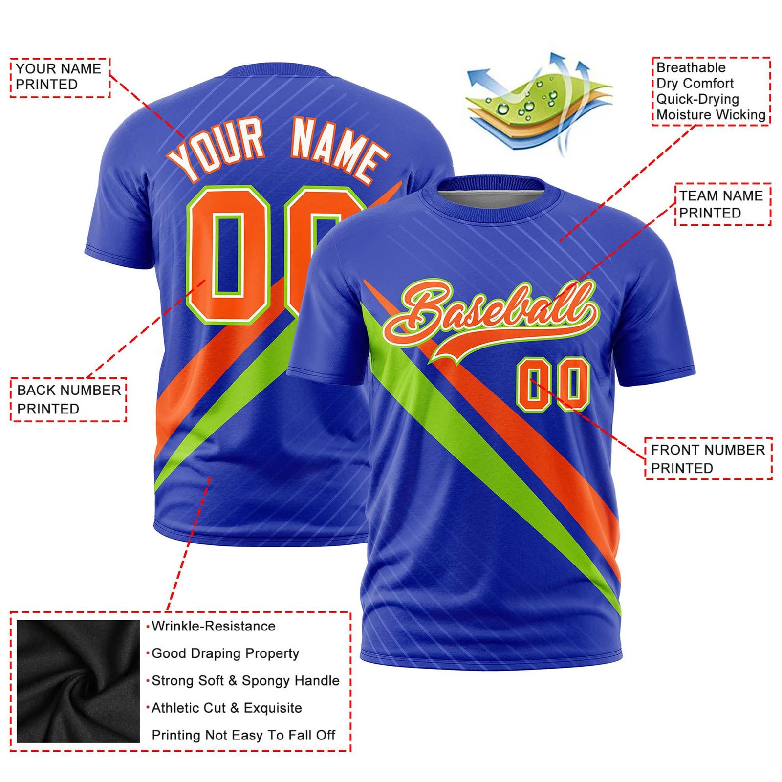 Custom Royal Blue-Orange Neon Green Personalized Slash Pattern Performance T-Shirt