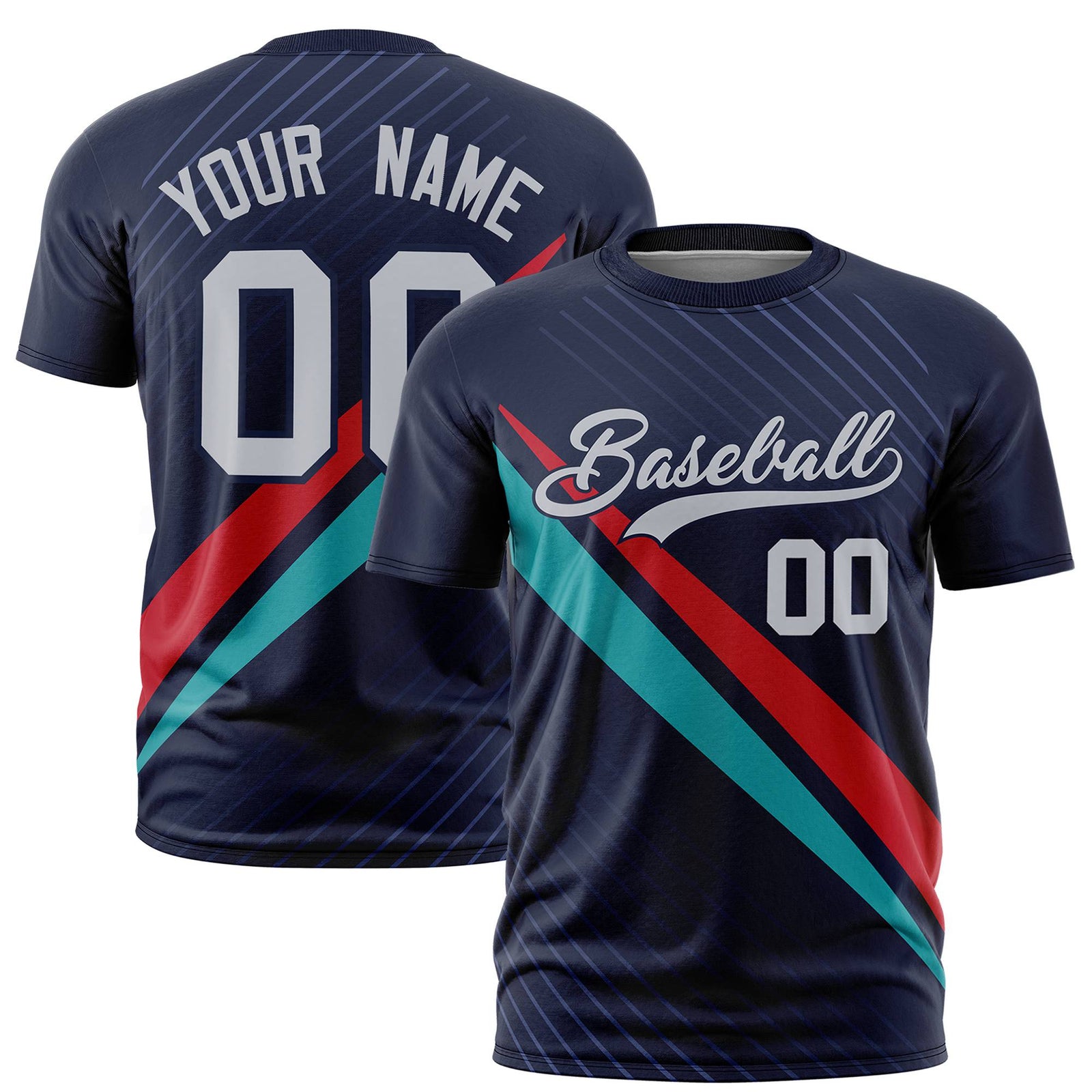 Custom Navy Red-Aqua Personalized Slash Pattern Performance T-Shirt