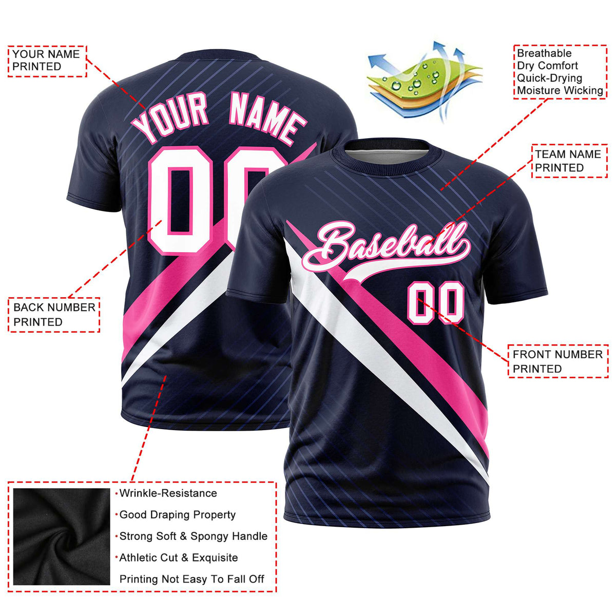 Custom Navy Pink-White Personalized Slash Pattern Performance T-Shirt