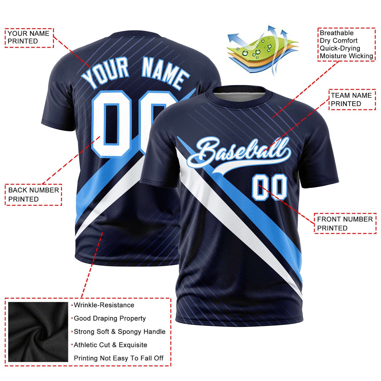 Custom Navy Powder Blue-White Personalized Slash Pattern Performance T-Shirt