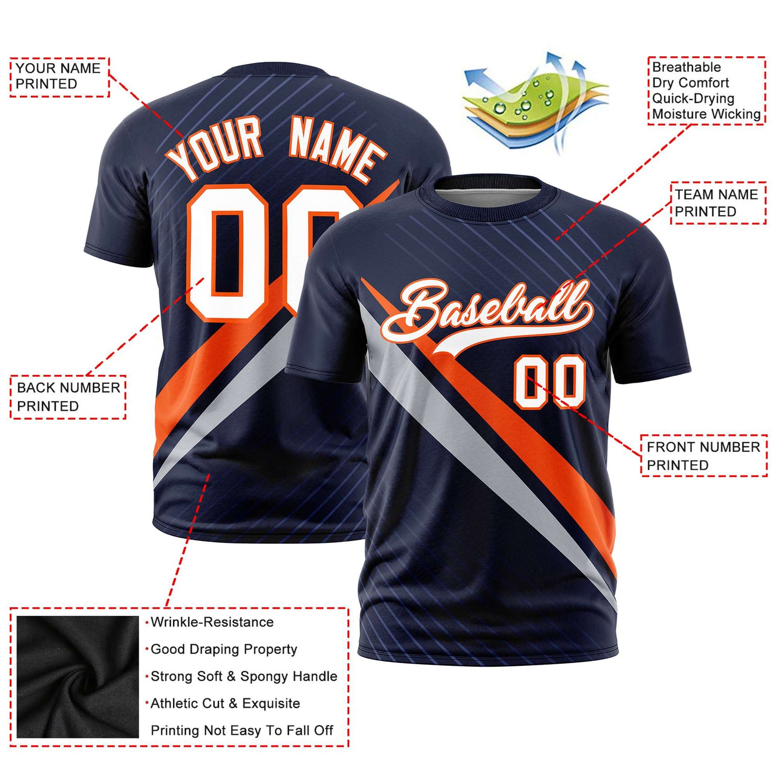 Custom Navy Orange-Gray Personalized Slash Pattern Performance T-Shirt