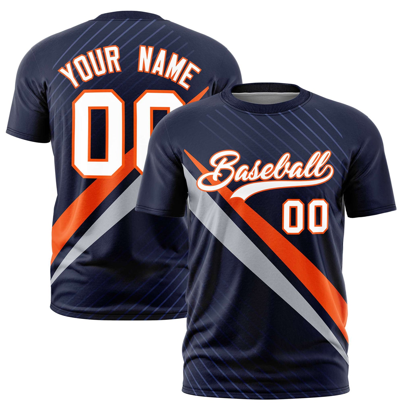Custom Navy Orange-Gray Personalized Slash Pattern Performance T-Shirt