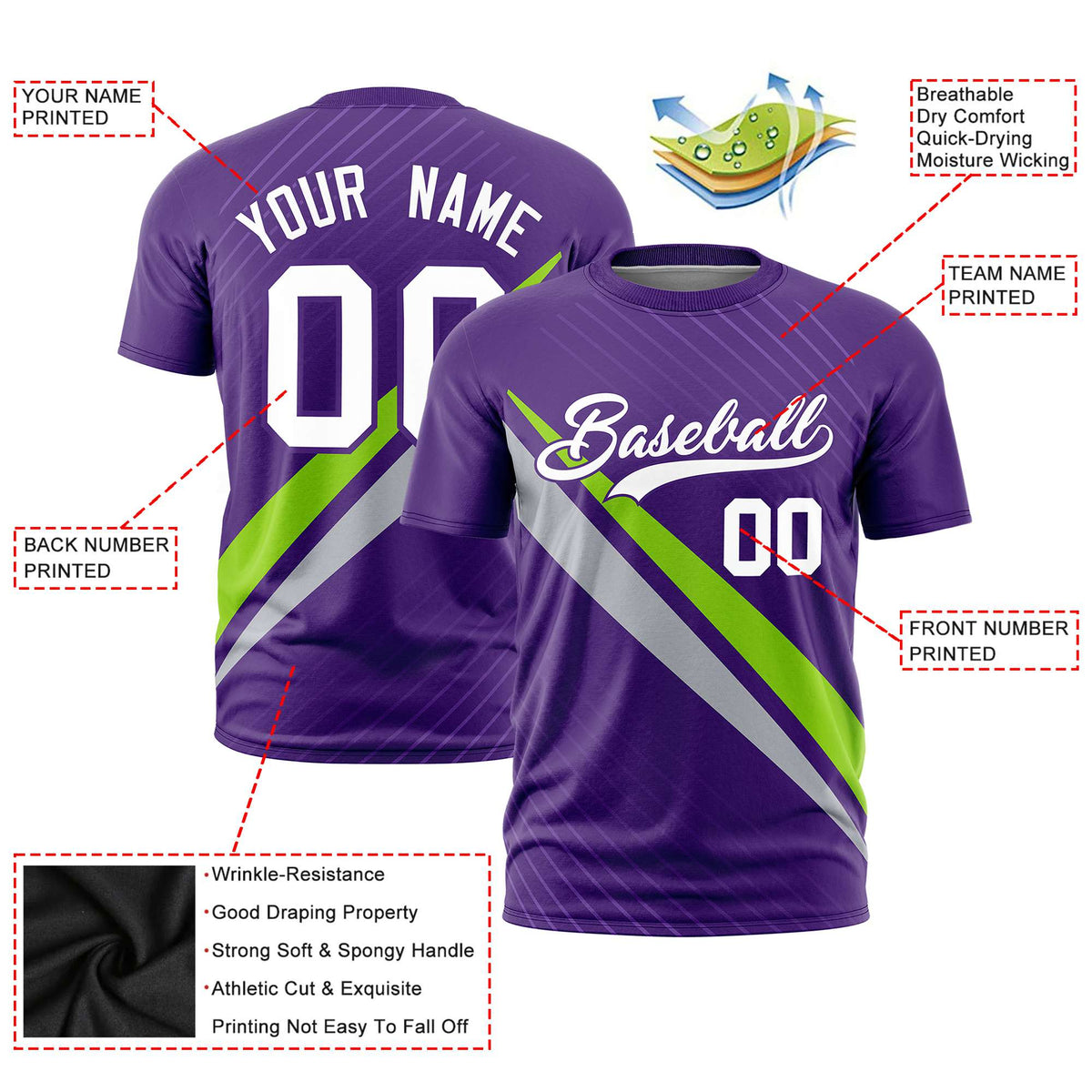 Custom Purple Neon Green-Gray Personalized Slash Pattern Performance T-Shirt