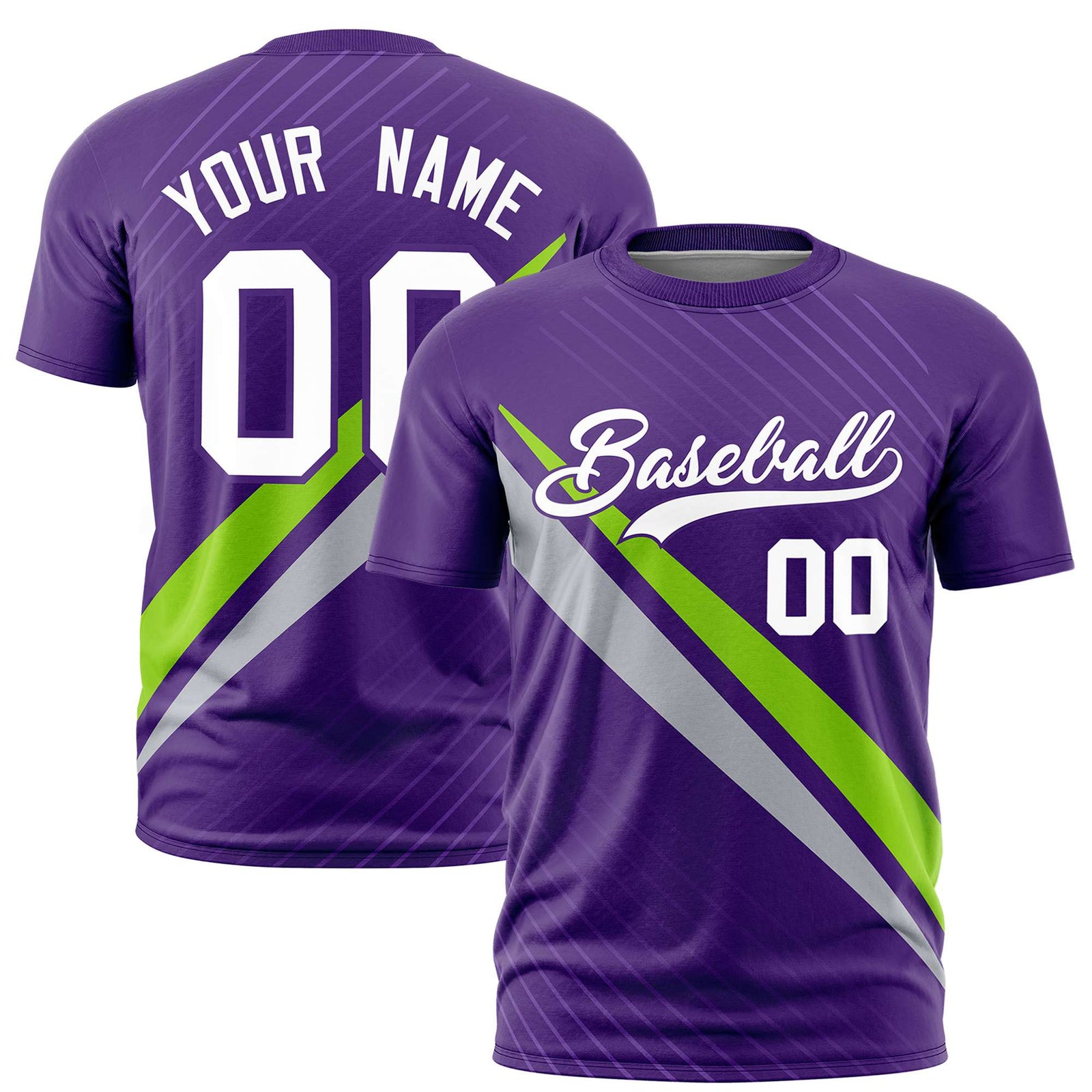 Custom Purple Neon Green-Gray Personalized Slash Pattern Performance T-Shirt