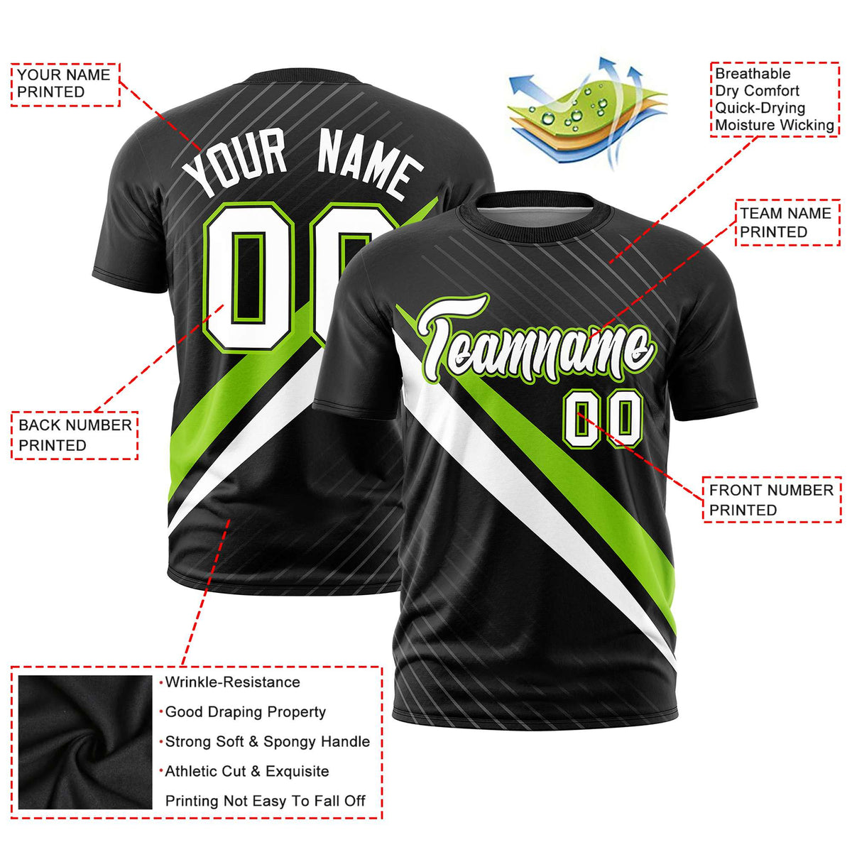 Custom Black Neon Green-White Personalized Slash Pattern Performance T-Shirt