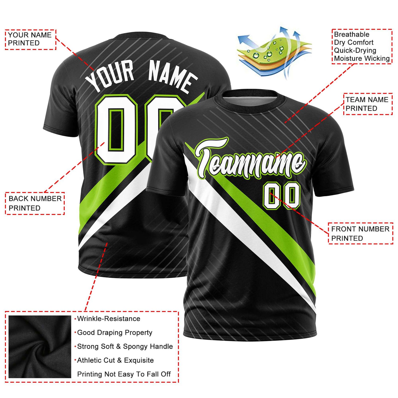Custom Black Neon Green-White Personalized Slash Pattern Performance T-Shirt