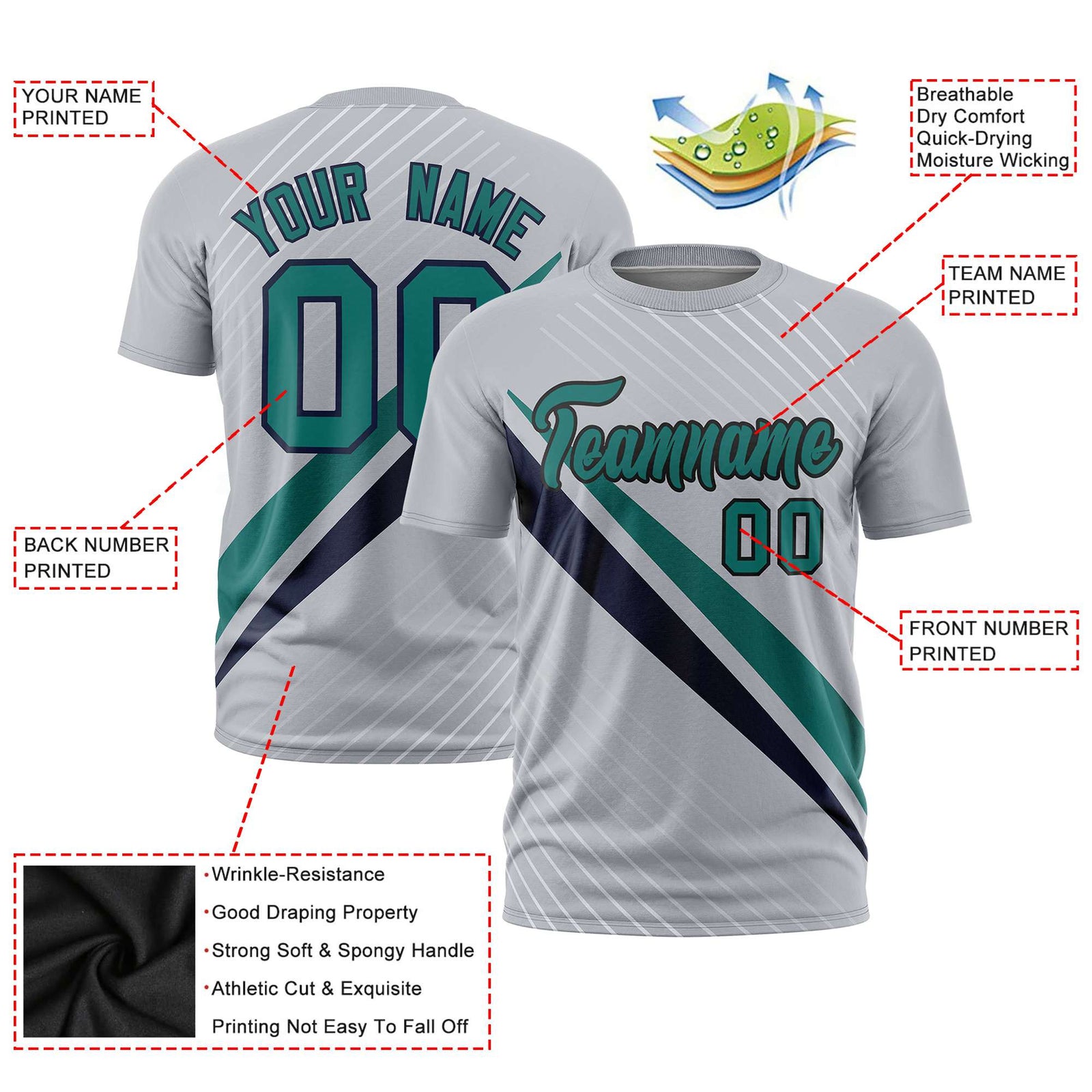 Custom Gray Aqua-Navy Personalized Slash Pattern Performance T-Shirt