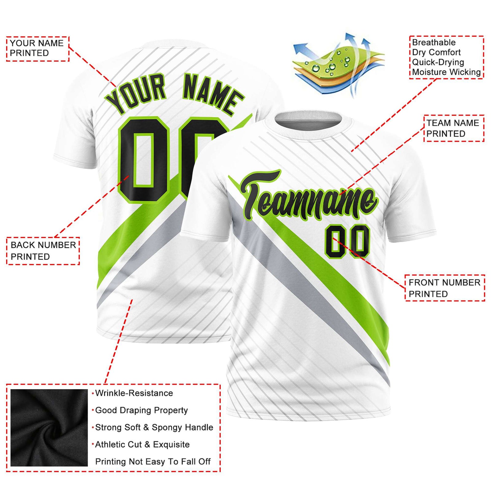 Custom White Neon Green-Gray Personalized Slash Pattern Performance T-Shirt