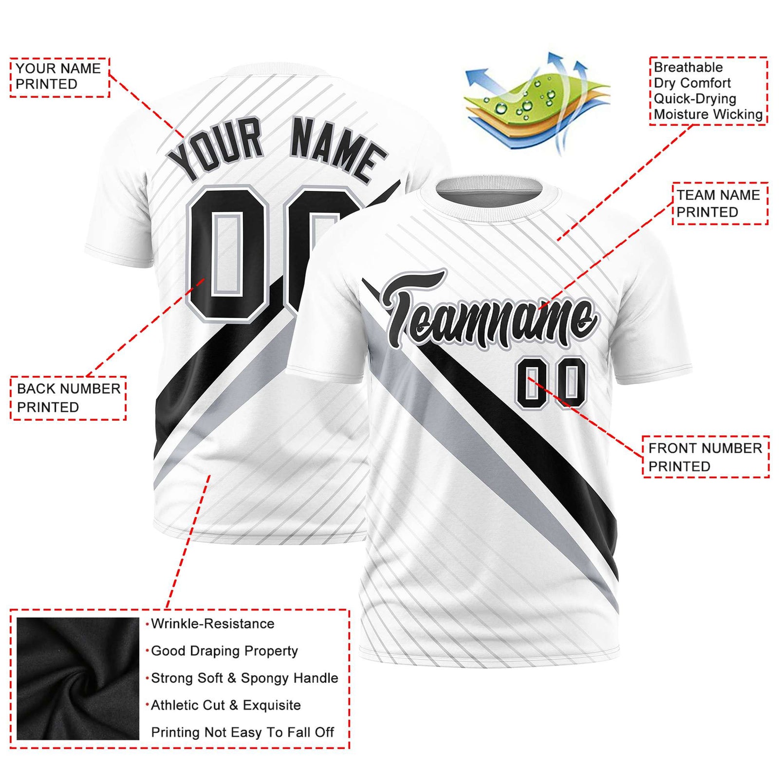 Custom White Black-Gray Personalized Slash Pattern Performance T-Shirt