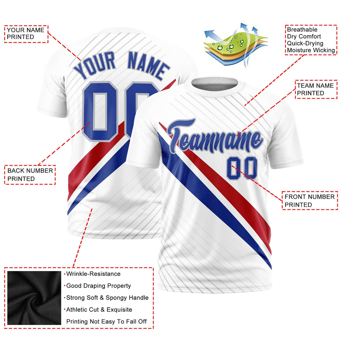 Custom White Red-Royal Blue Personalized Slash Pattern Performance T-Shirt