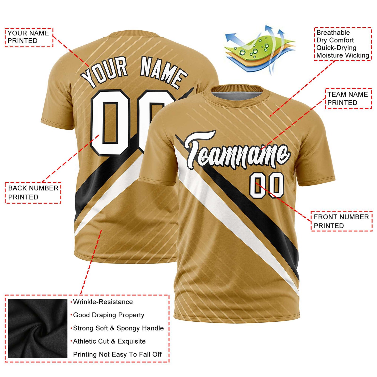 Custom Gold Black-White Personalized Slash Pattern Performance T-Shirt
