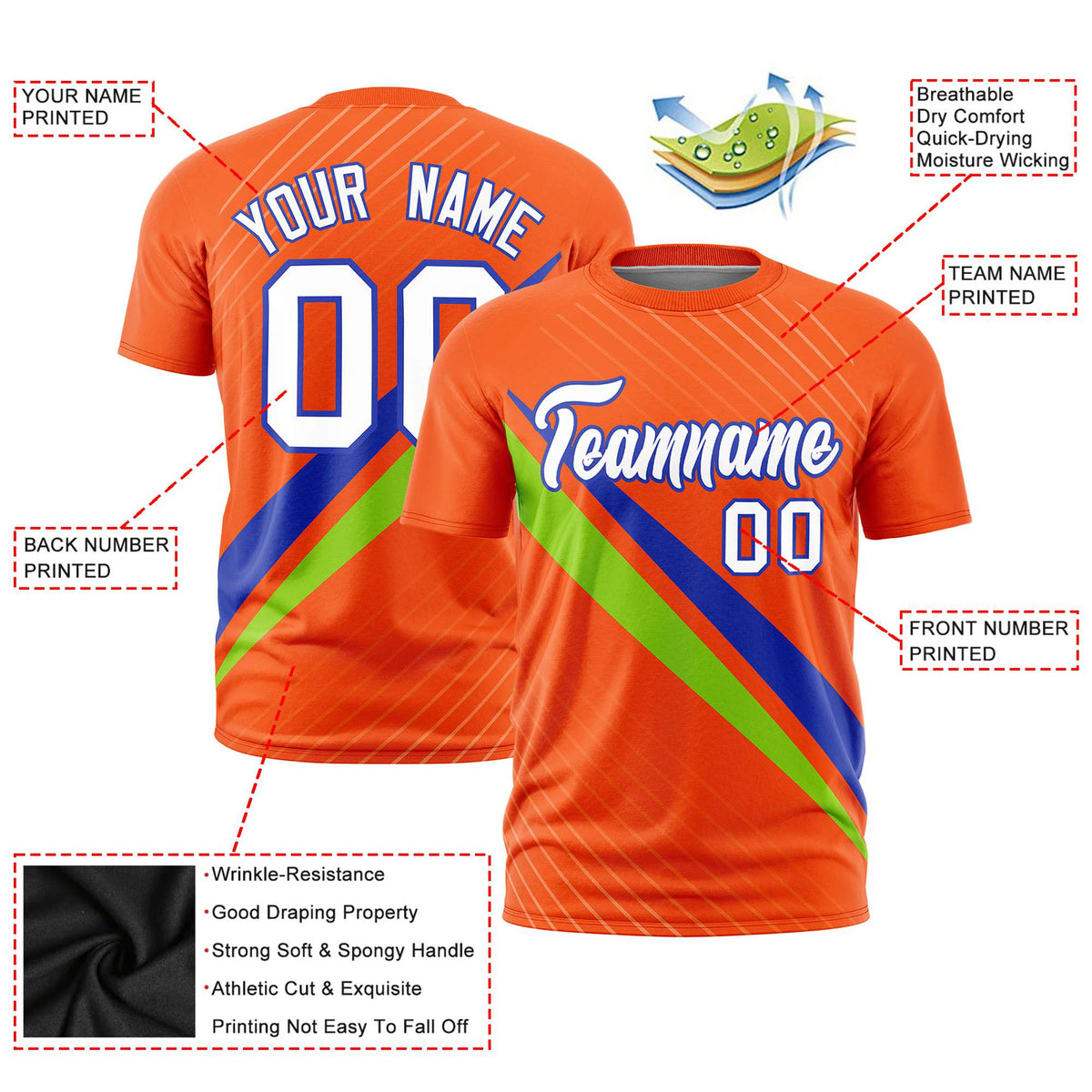 Custom Orange Royal Blue-Neon Green Personalized Slash Pattern Performance T-Shirt