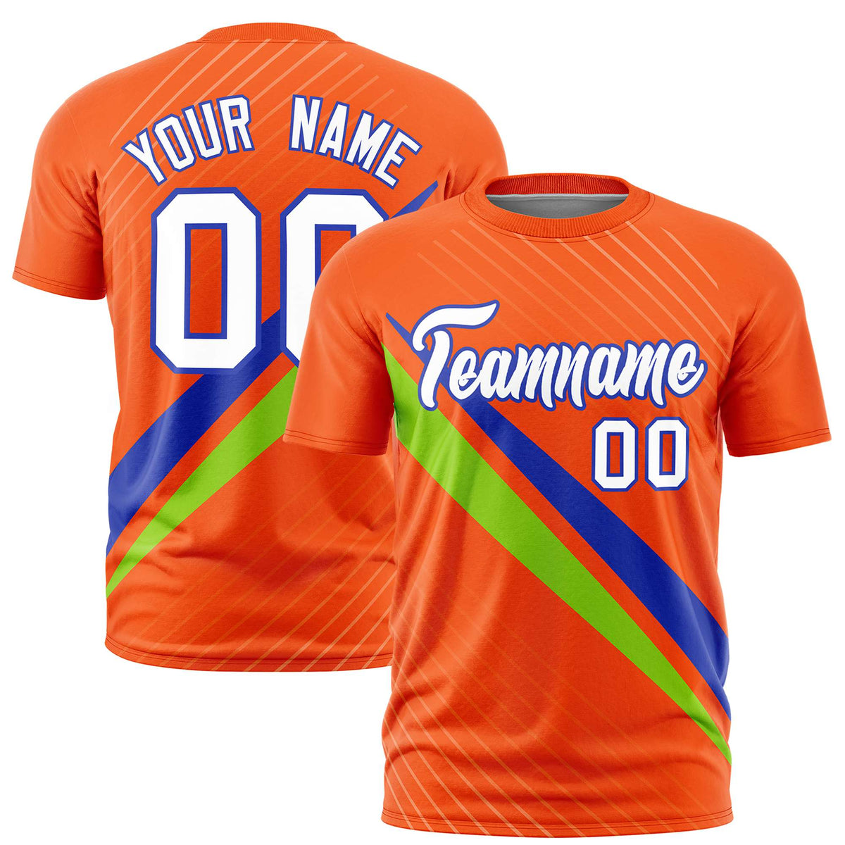 Custom Orange Royal Blue-Neon Green Personalized Slash Pattern Performance T-Shirt