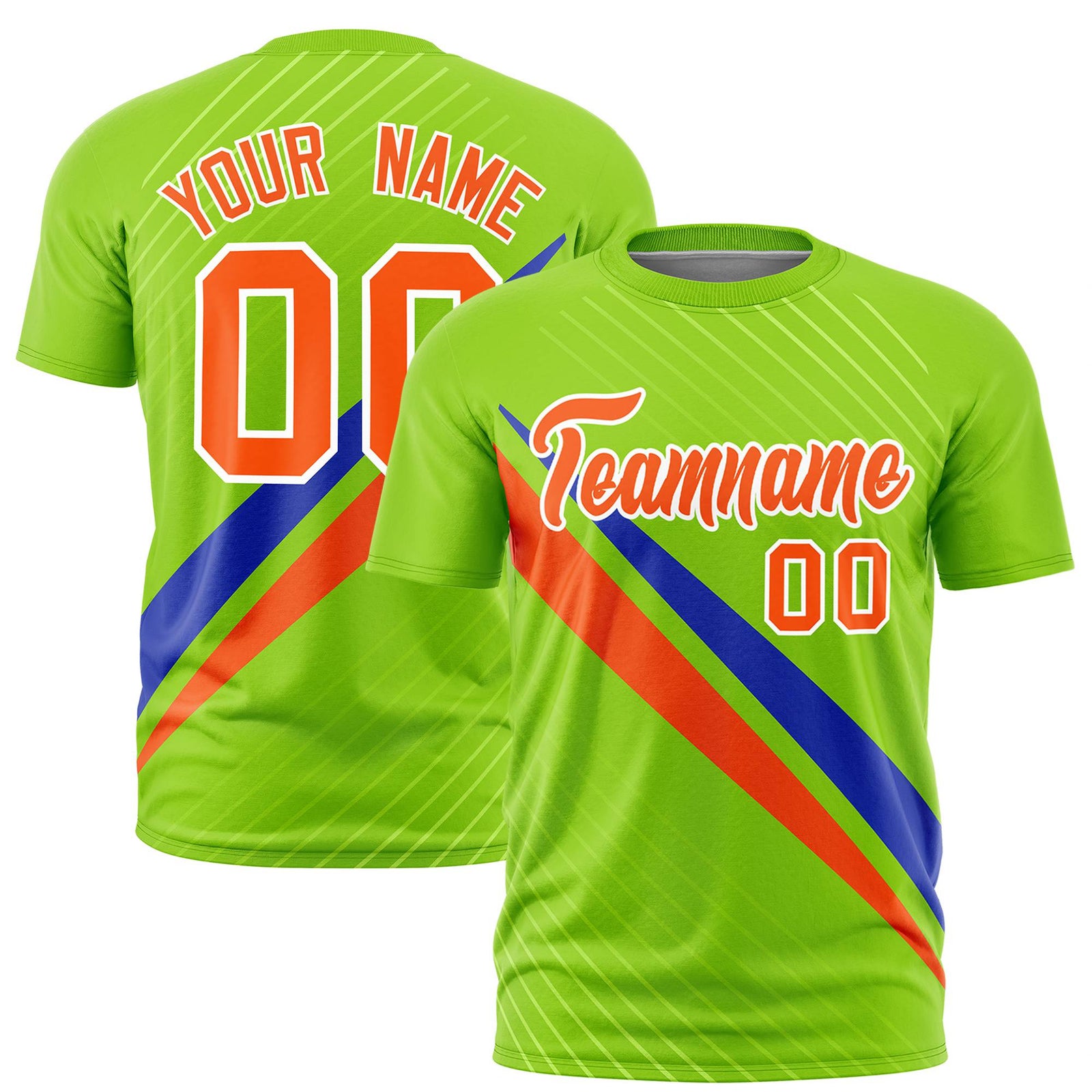 Custom Neon Green-Royal Blue Orange Personalized Slash Pattern Performance T-Shirt