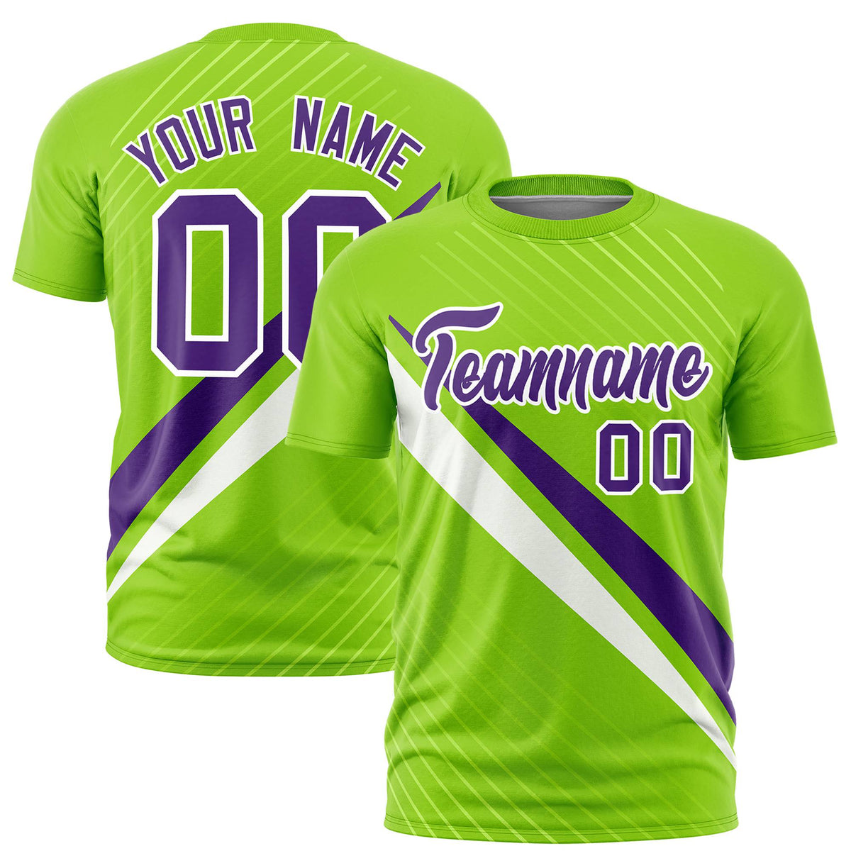 Custom Neon Green-Purple White Personalized Slash Pattern Performance T-Shirt