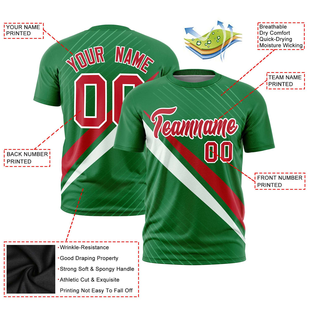 Custom Kelly Green-Red White Personalized Slash Pattern Performance T-Shirt