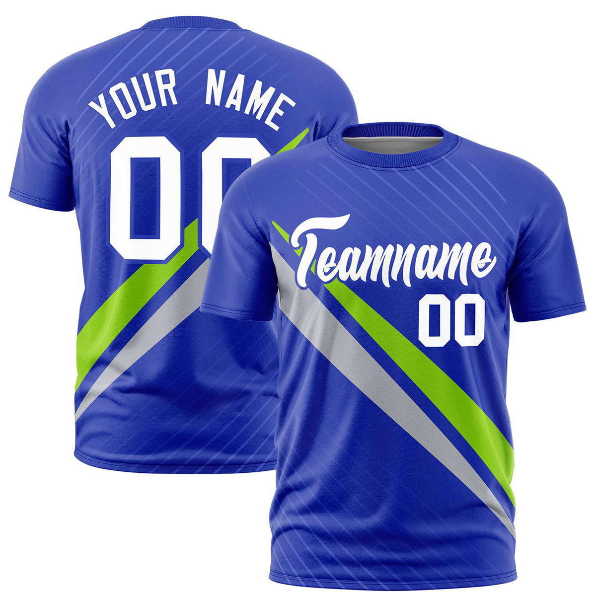 Custom Royal Blue-Neon Green Gray Personalized Slash Pattern Performance T-Shirt