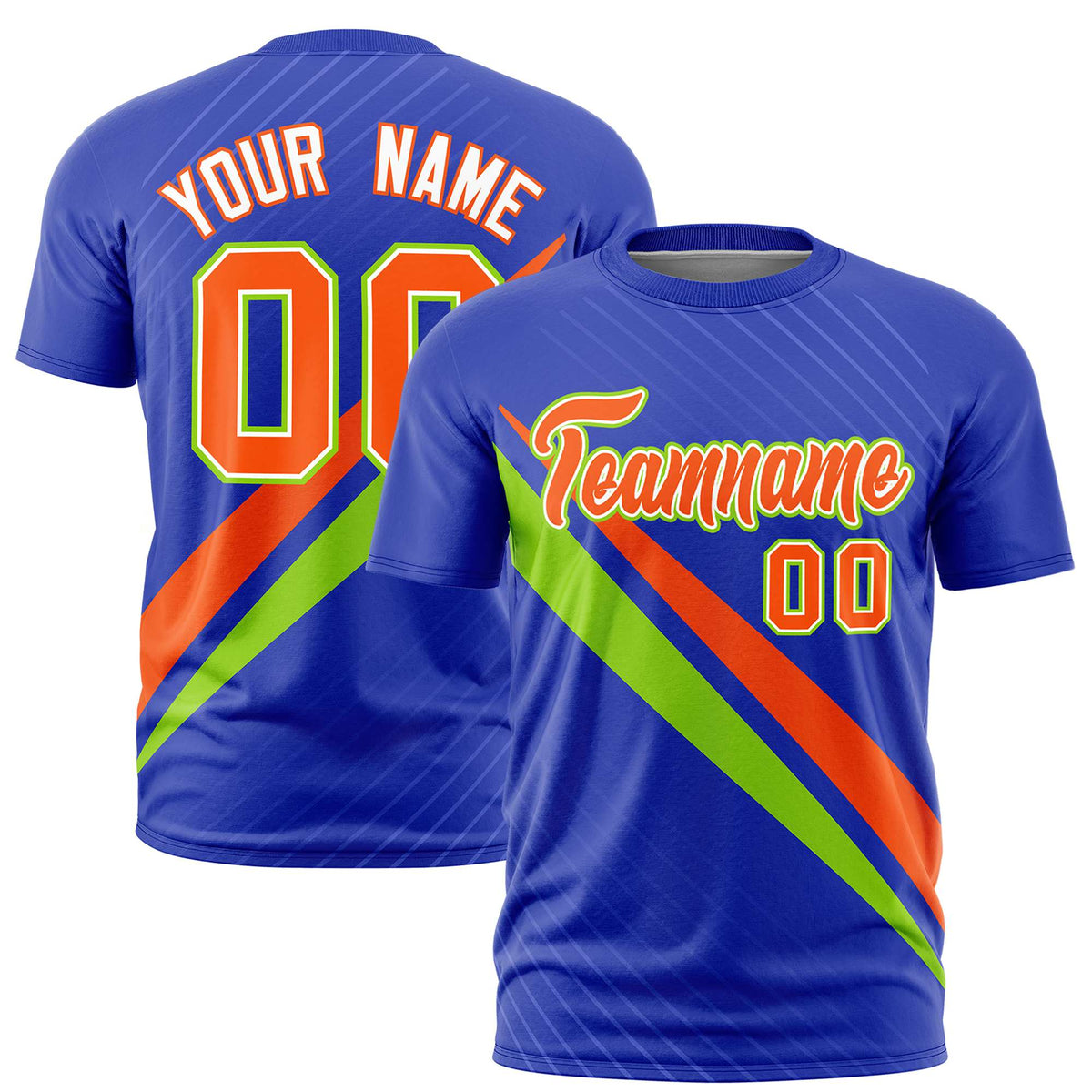 Custom Royal Blue-Orange Neon Green Personalized Slash Pattern Performance T-Shirt