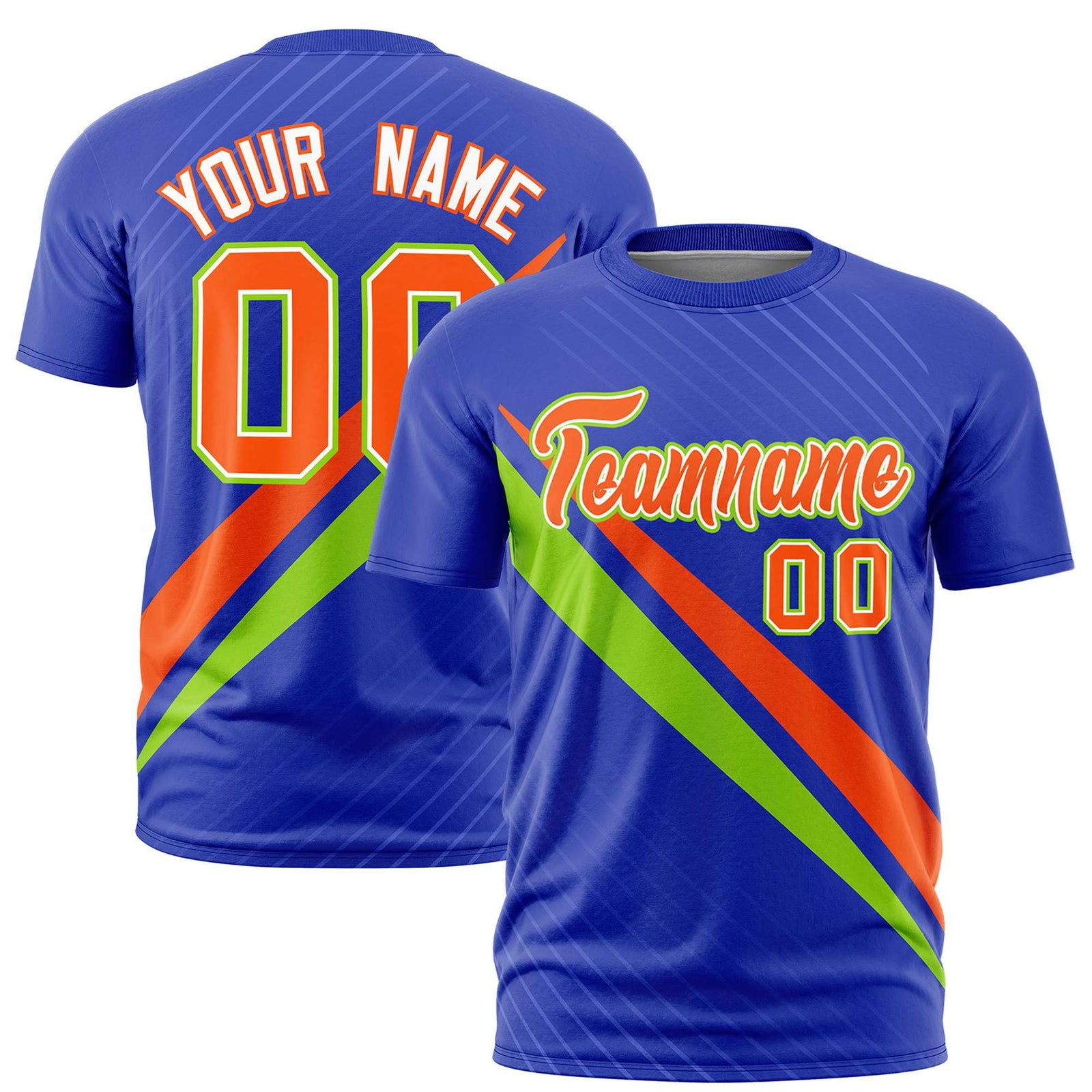 Custom Royal Blue-Orange Neon Green Personalized Slash Pattern Performance T-Shirt