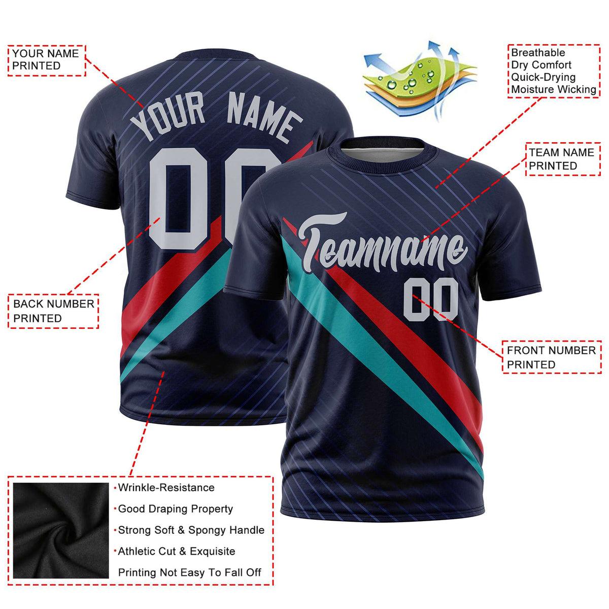 Custom Navy Red-Aqua Personalized Slash Pattern Performance T-Shirt
