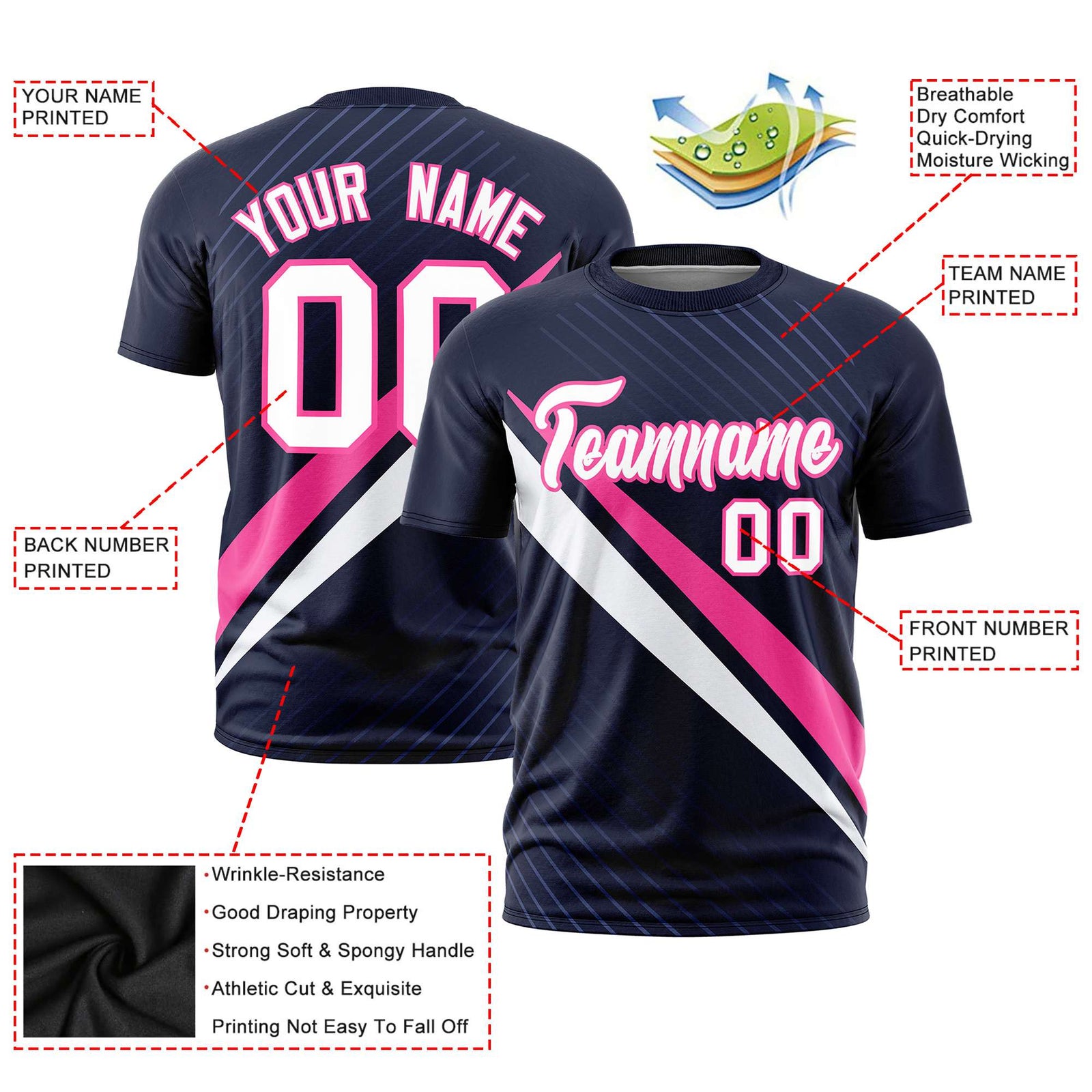 Custom Navy Pink-White Personalized Slash Pattern Performance T-Shirt