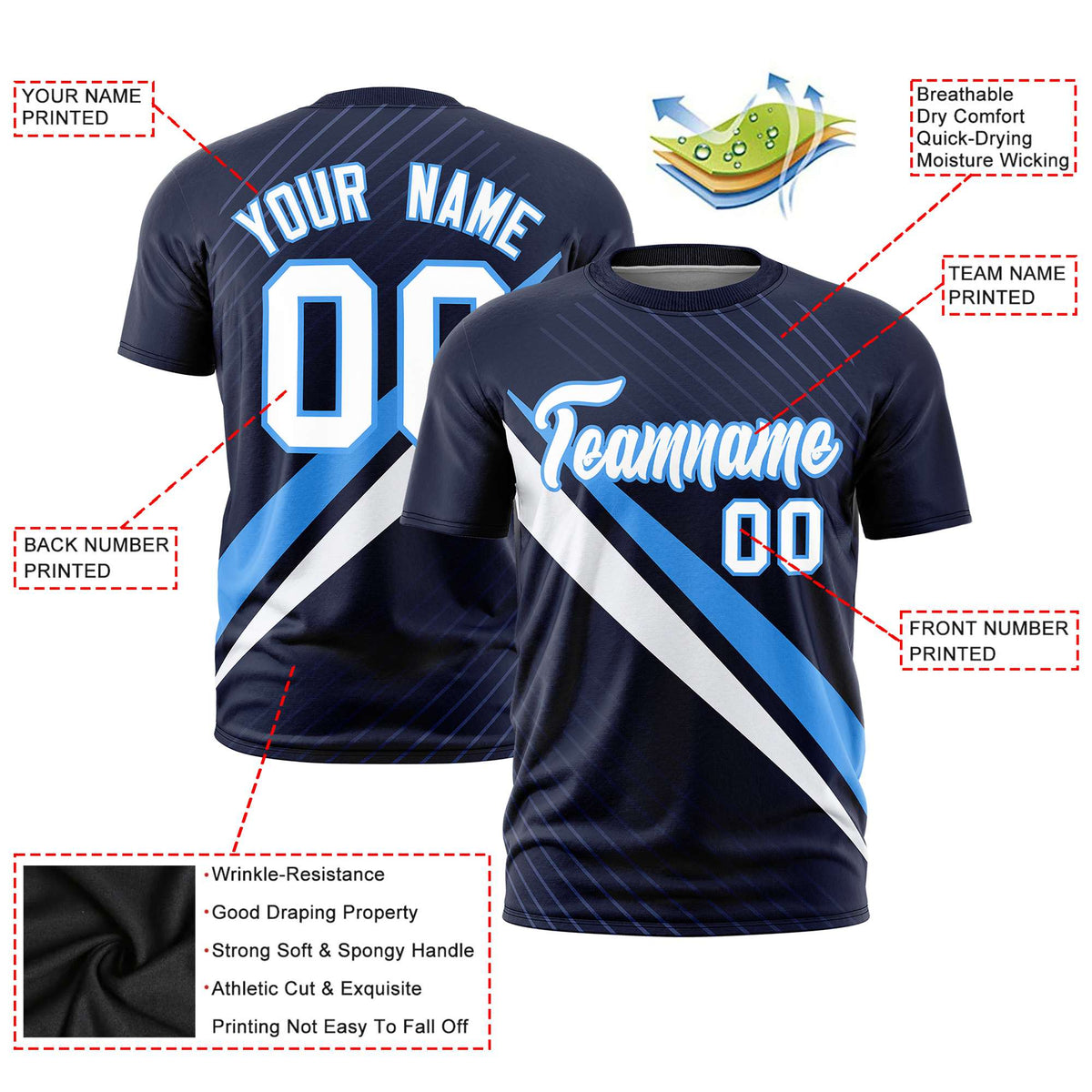 Custom Navy Powder Blue-White Personalized Slash Pattern Performance T-Shirt