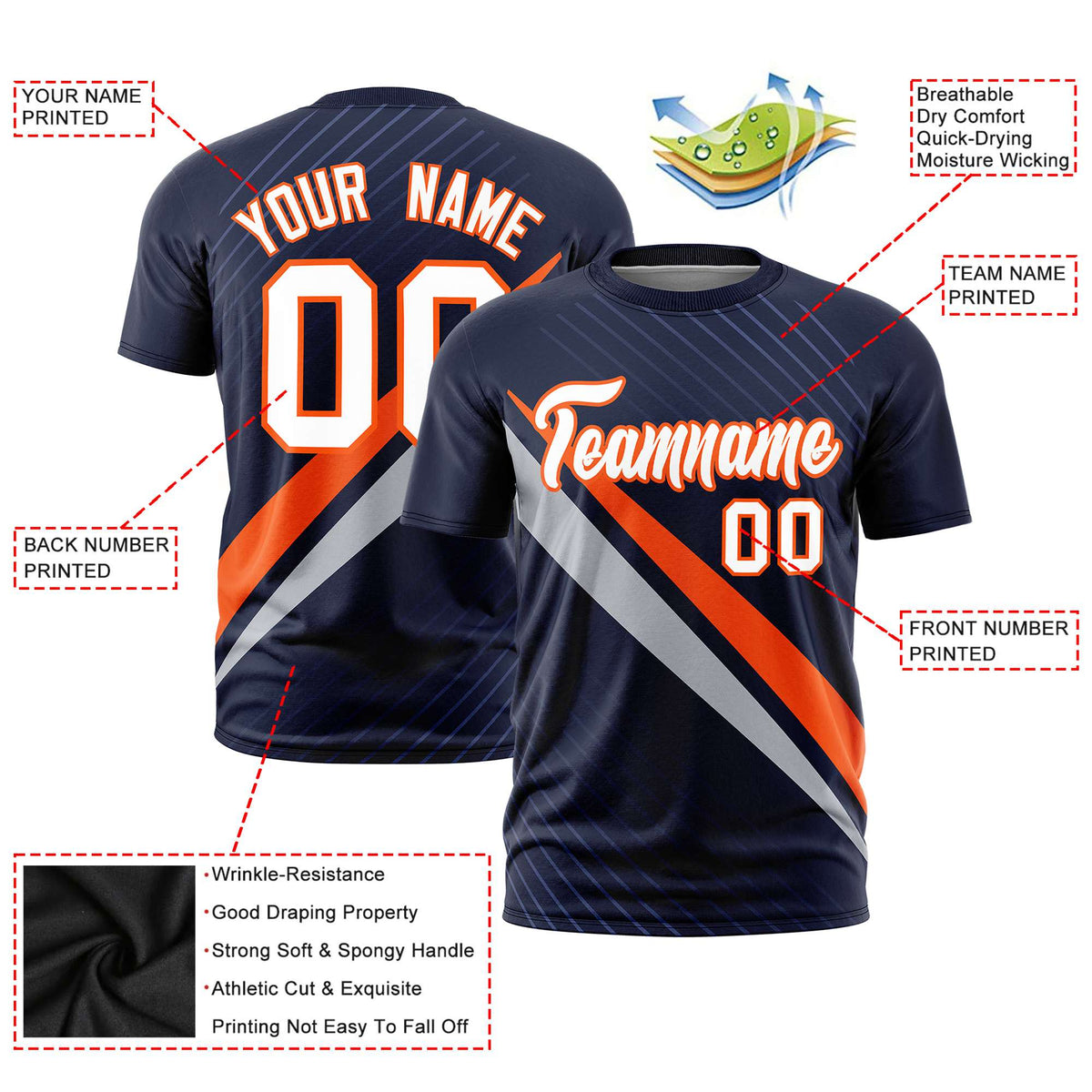Custom Navy Orange-Gray Personalized Slash Pattern Performance T-Shirt