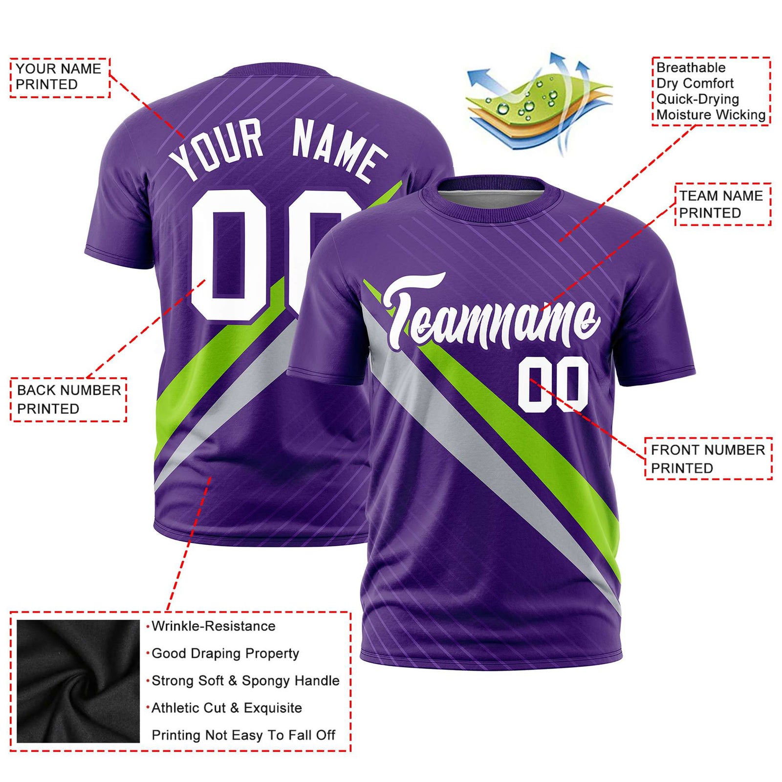 Custom Purple Neon Green-Gray Personalized Slash Pattern Performance T-Shirt