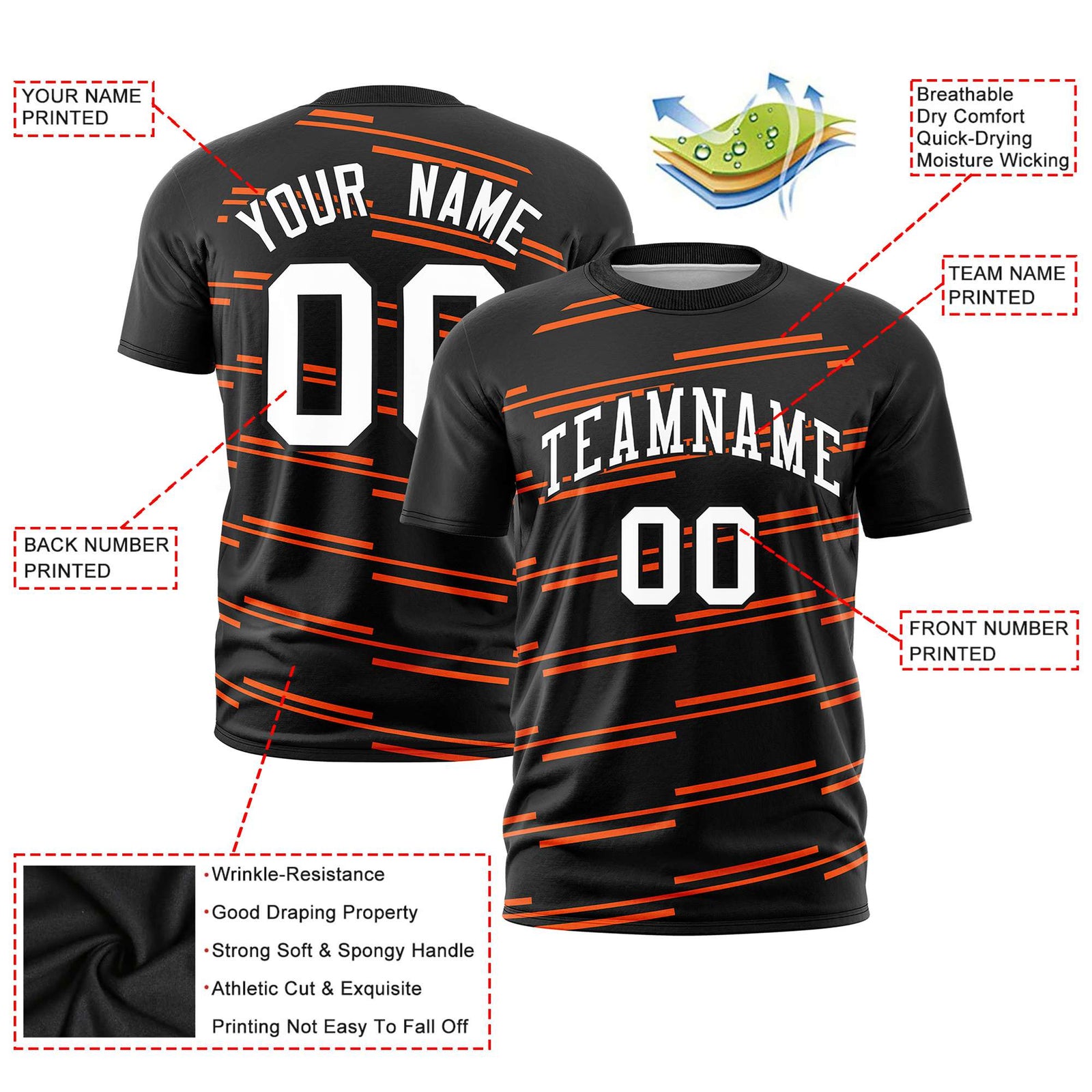 Custom Black Orange Personalized Slanting Line Graffiti Pattern Performance T-Shirt