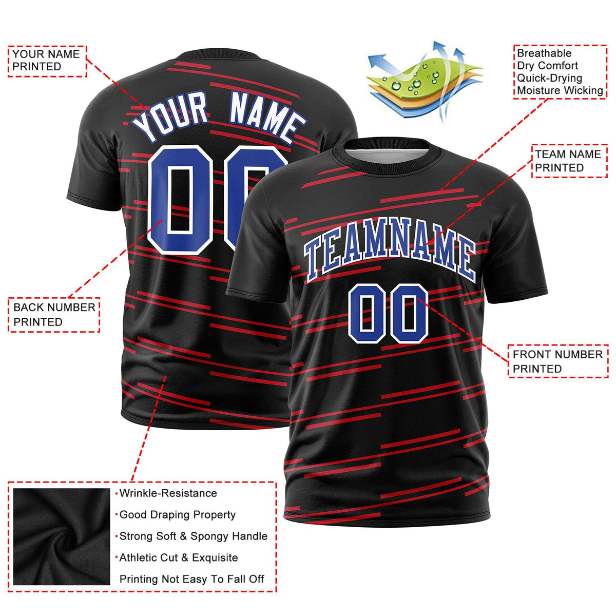 Custom Black Red Personalized Slanting Line Graffiti Pattern Performance T-Shirt