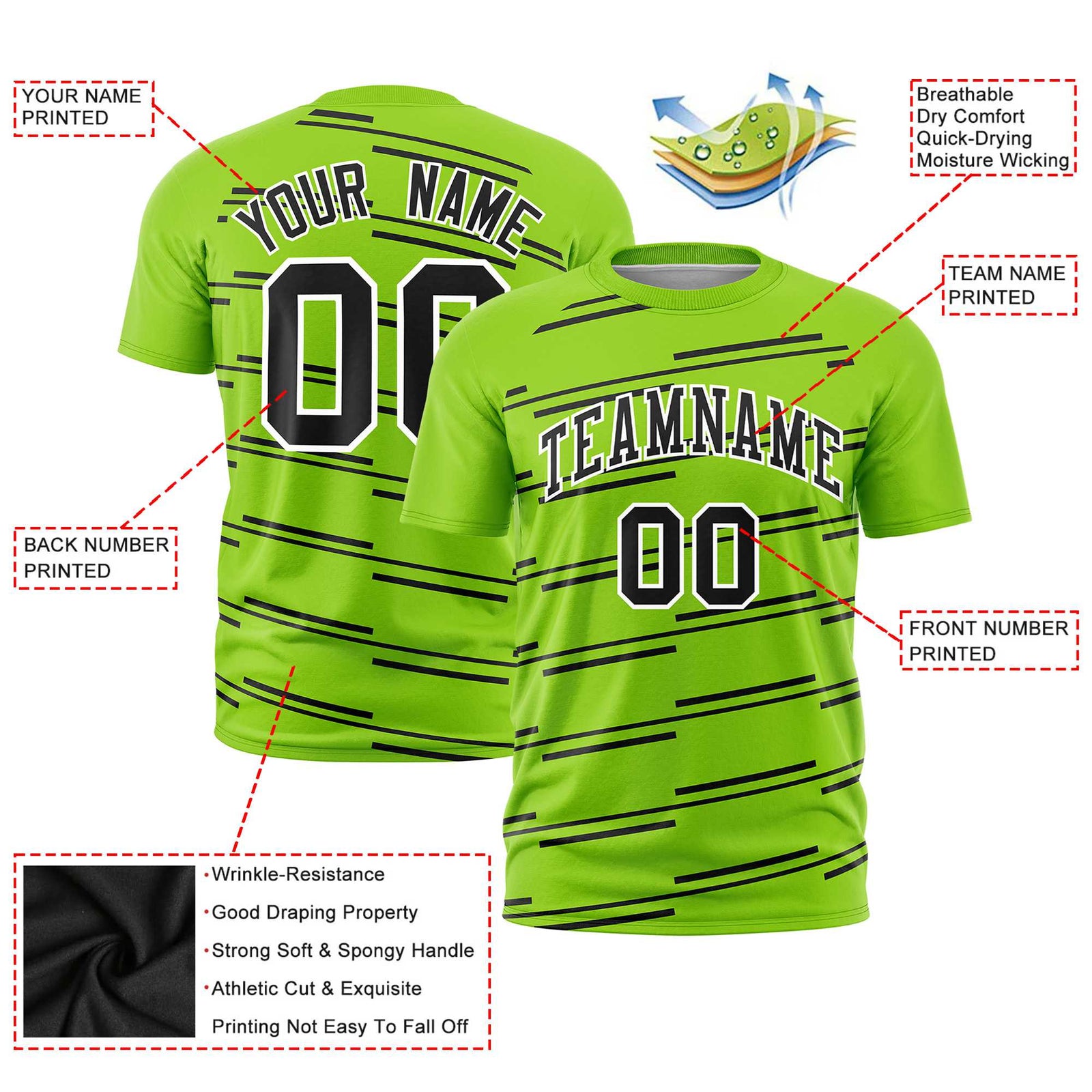 Custom Neon Green Black Personalized Slanting Line Graffiti Pattern Performance T-Shirt
