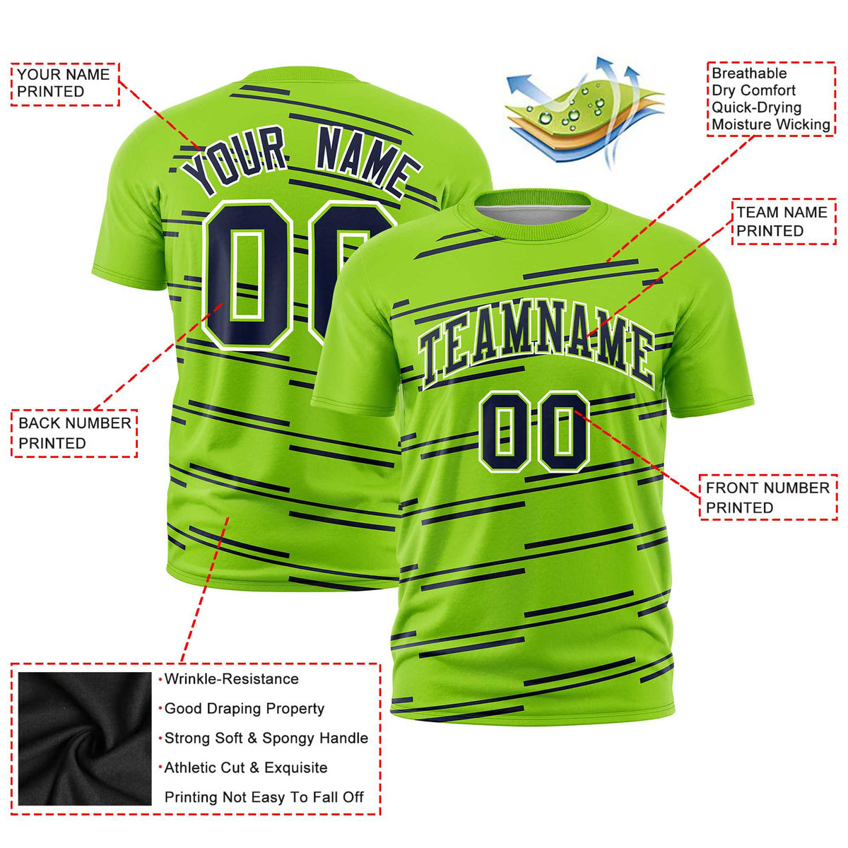 Custom Neon Green Navy Personalized Slanting Line Graffiti Pattern Performance T-Shirt