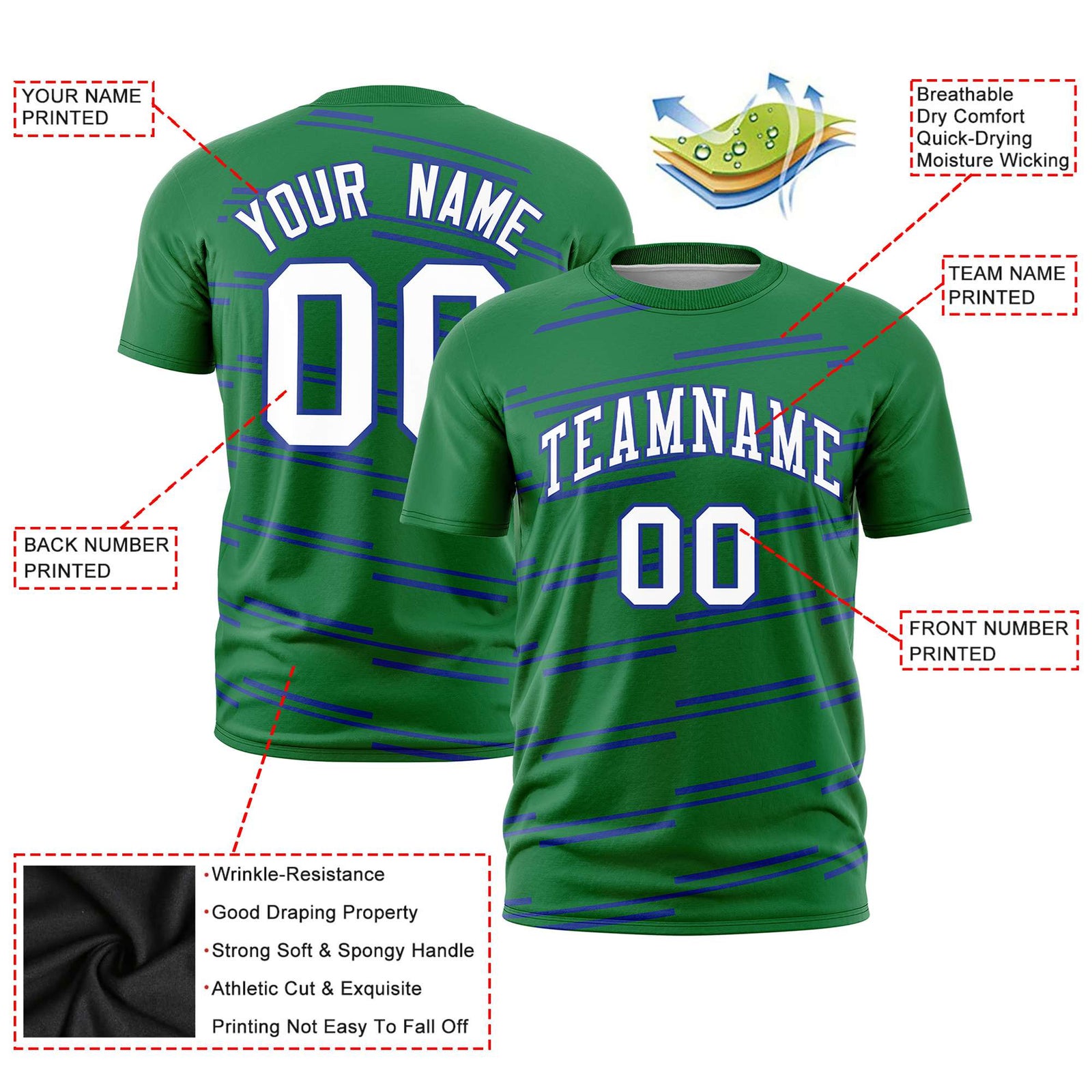 Custom Kelly Green Royal Blue Personalized Slanting Line Graffiti Pattern Performance T-Shirt