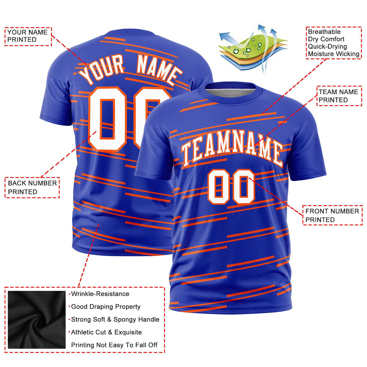 Custom Royal Blue Orange Personalized Slanting Line Graffiti Pattern Performance T-Shirt