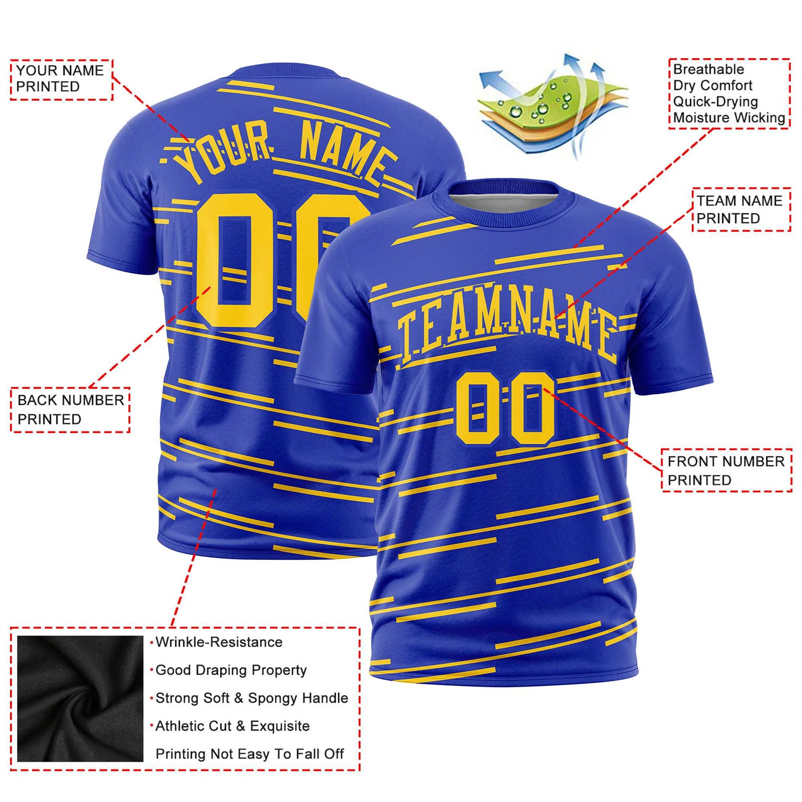 Custom Royal Blue Gold-1 Personalized Slanting Line Graffiti Pattern Performance T-Shirt
