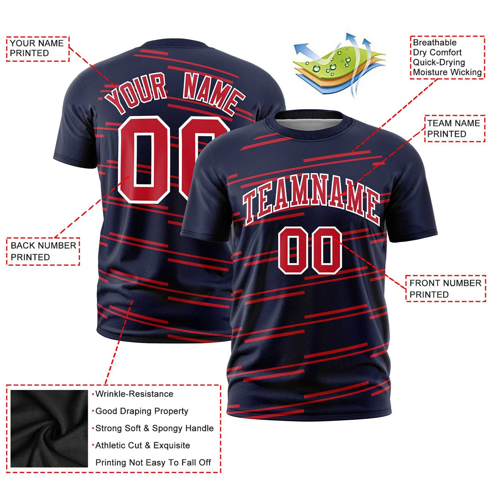 Custom Navy Red Personalized Slanting Line Graffiti Pattern Performance T-Shirt