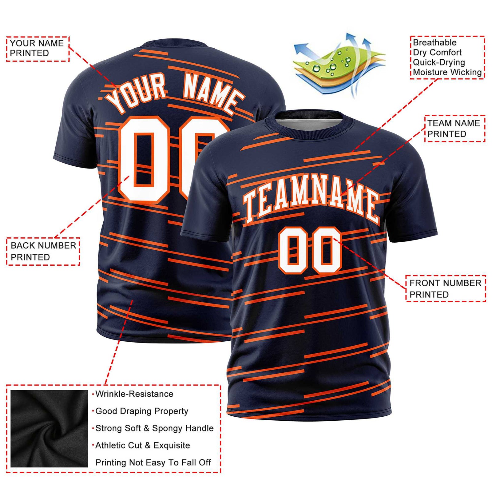 Custom Navy Orange Personalized Slanting Line Graffiti Pattern Performance T-Shirt