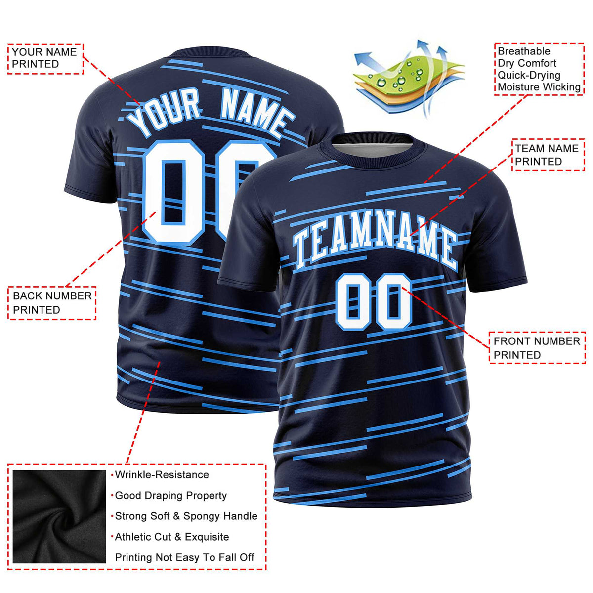Custom Navy Powder Blue Personalized Slanting Line Graffiti Pattern Performance T-Shirt
