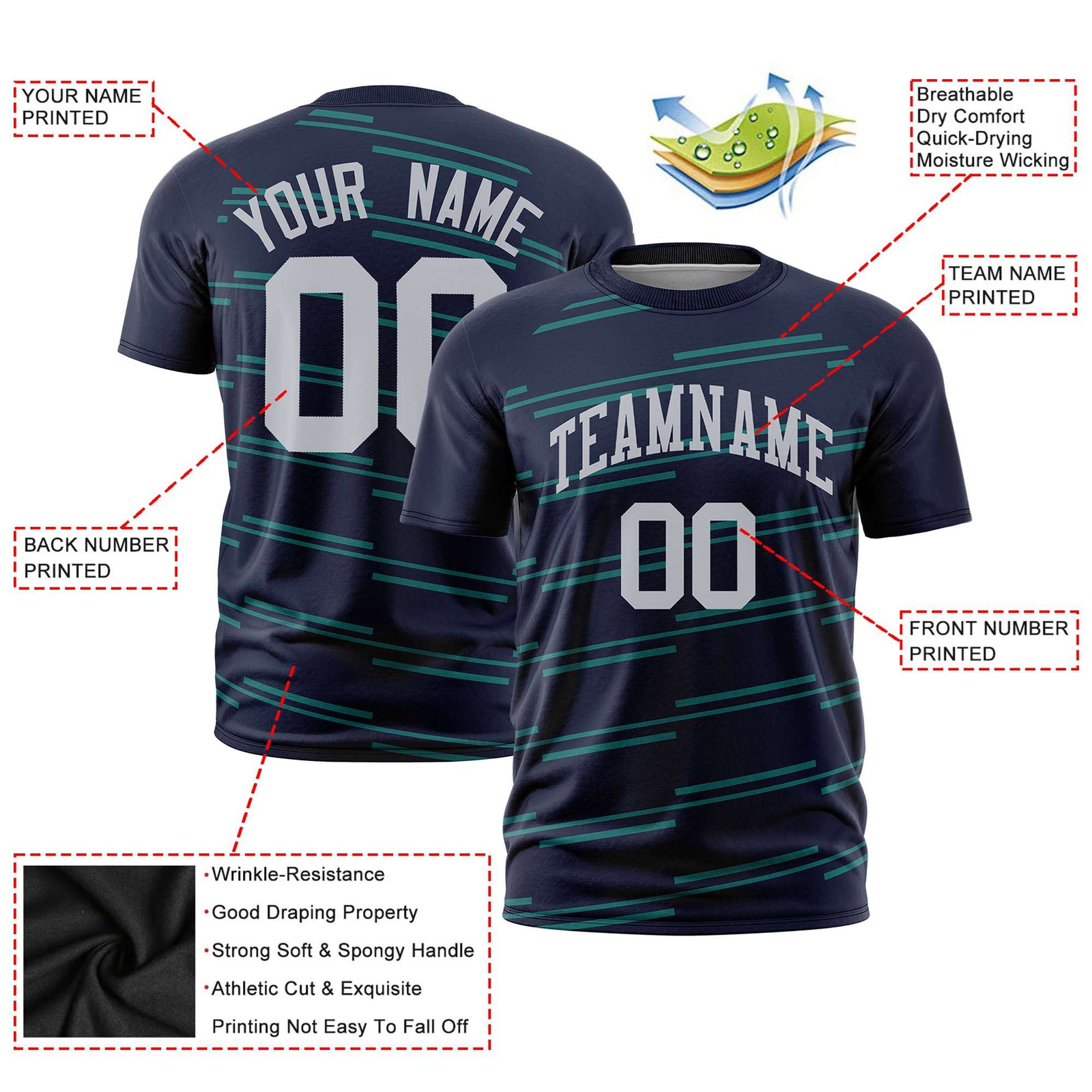 Custom Navy Aqua Personalized Slanting Line Graffiti Pattern Performance T-Shirt