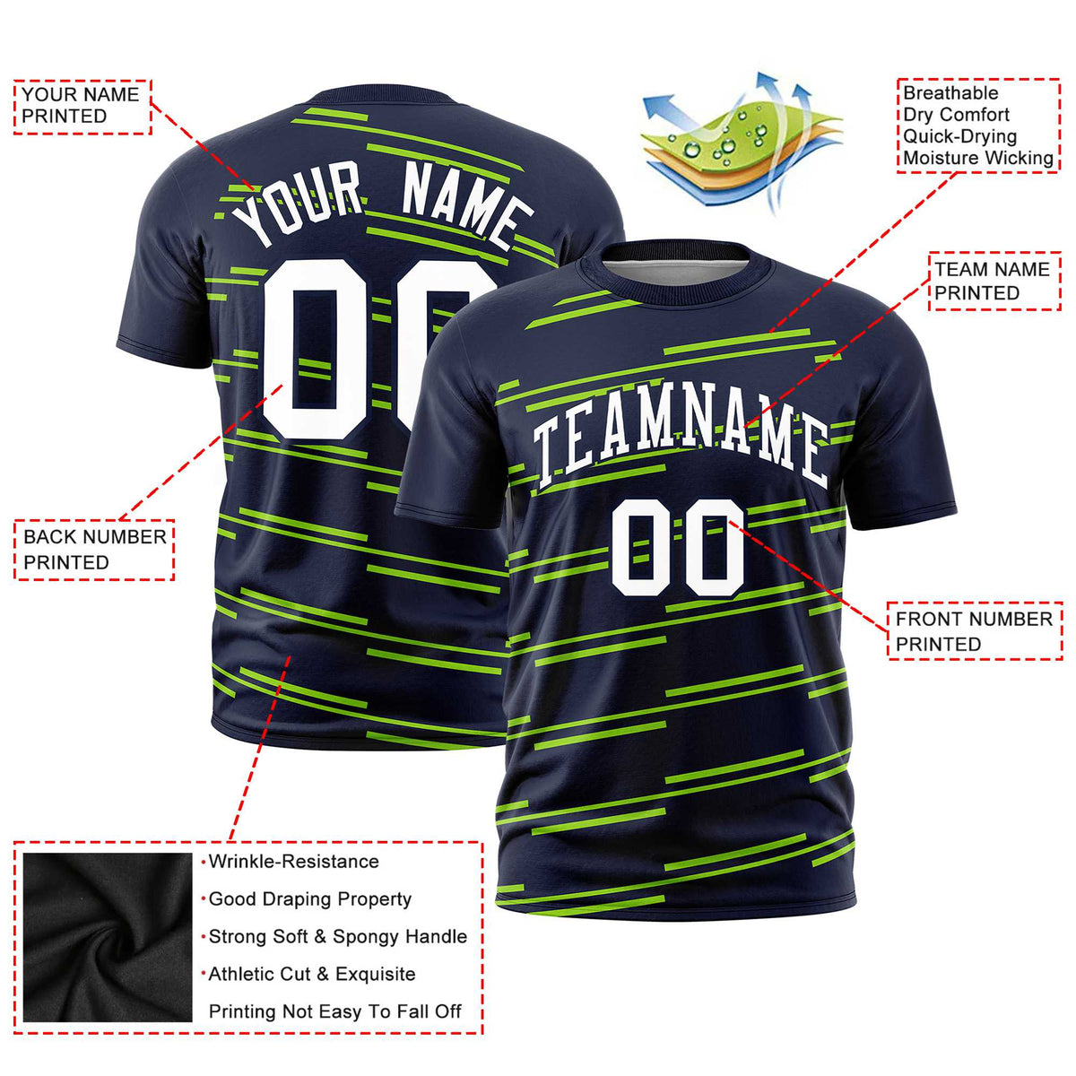 Custom Navy Neon Green Personalized Slanting Line Graffiti Pattern Performance T-Shirt