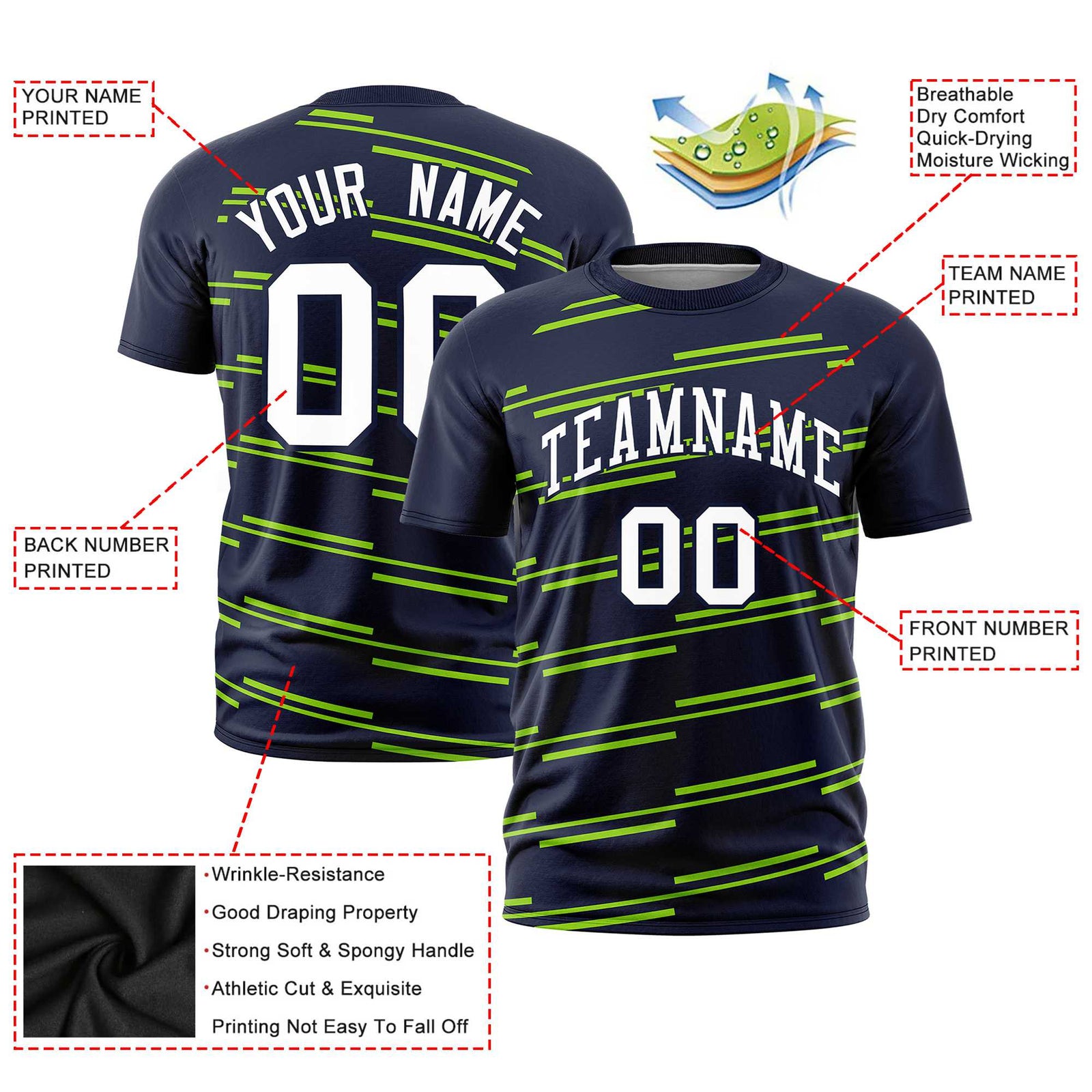 Custom Navy Neon Green Personalized Slanting Line Graffiti Pattern Performance T-Shirt