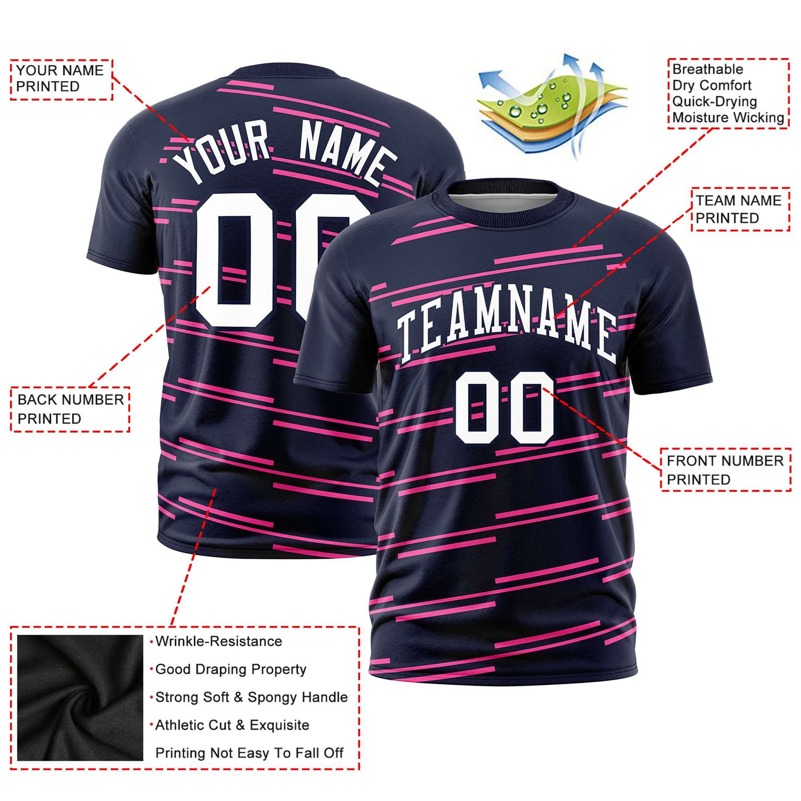 Custom Navy Pink Personalized Slanting Line Graffiti Pattern Performance T-Shirt