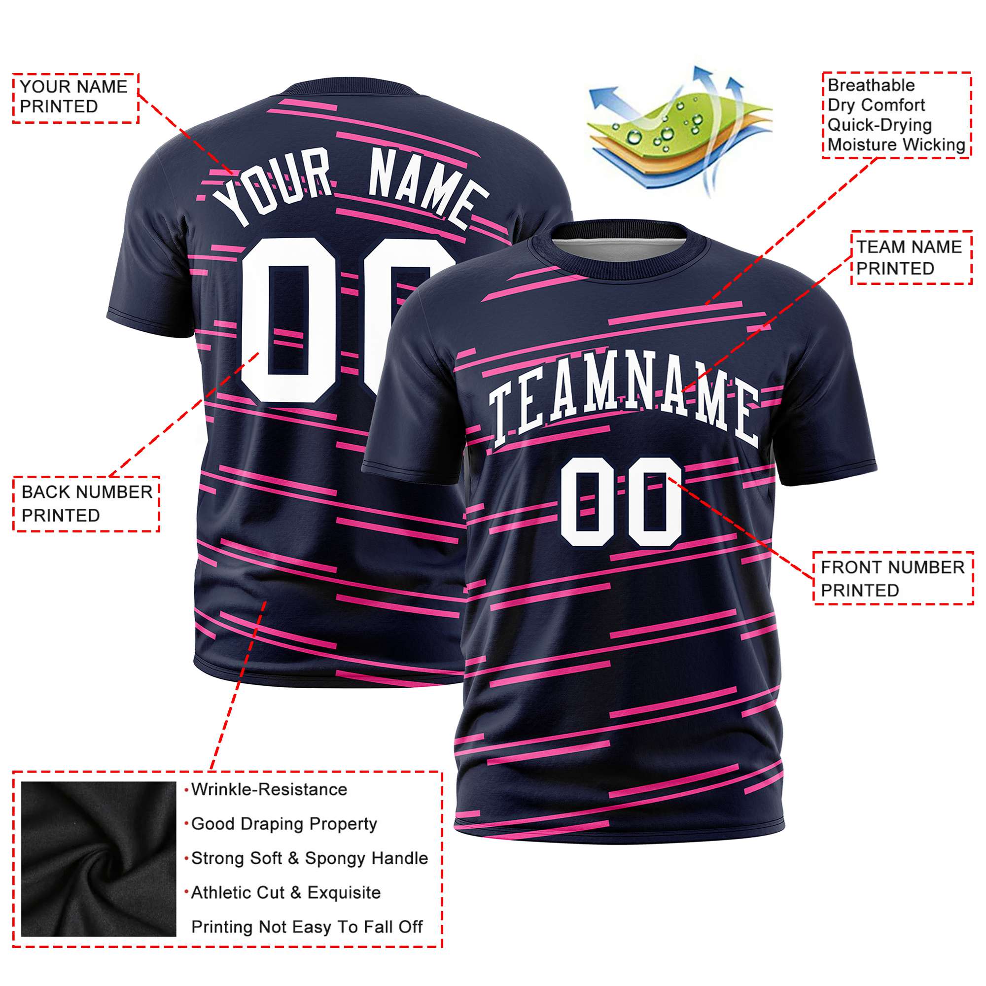 Custom Navy Pink Personalized Slanting Line Graffiti Pattern Performance T-Shirt