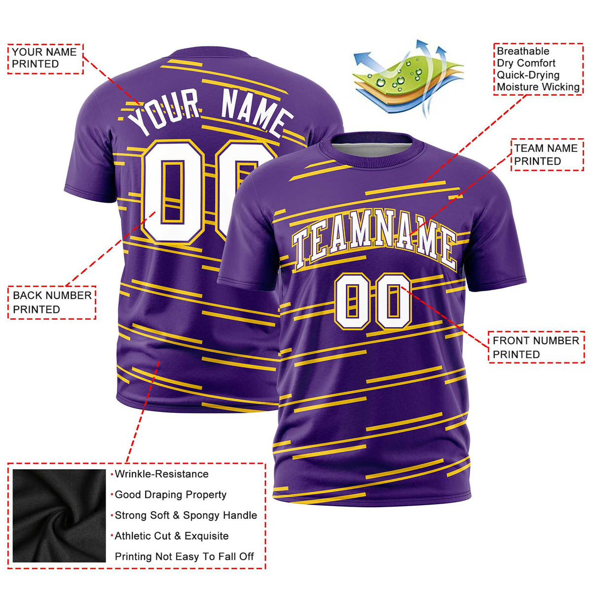 Custom Purple Gold-01 Personalized Slanting Line Graffiti Pattern Performance T-Shirt