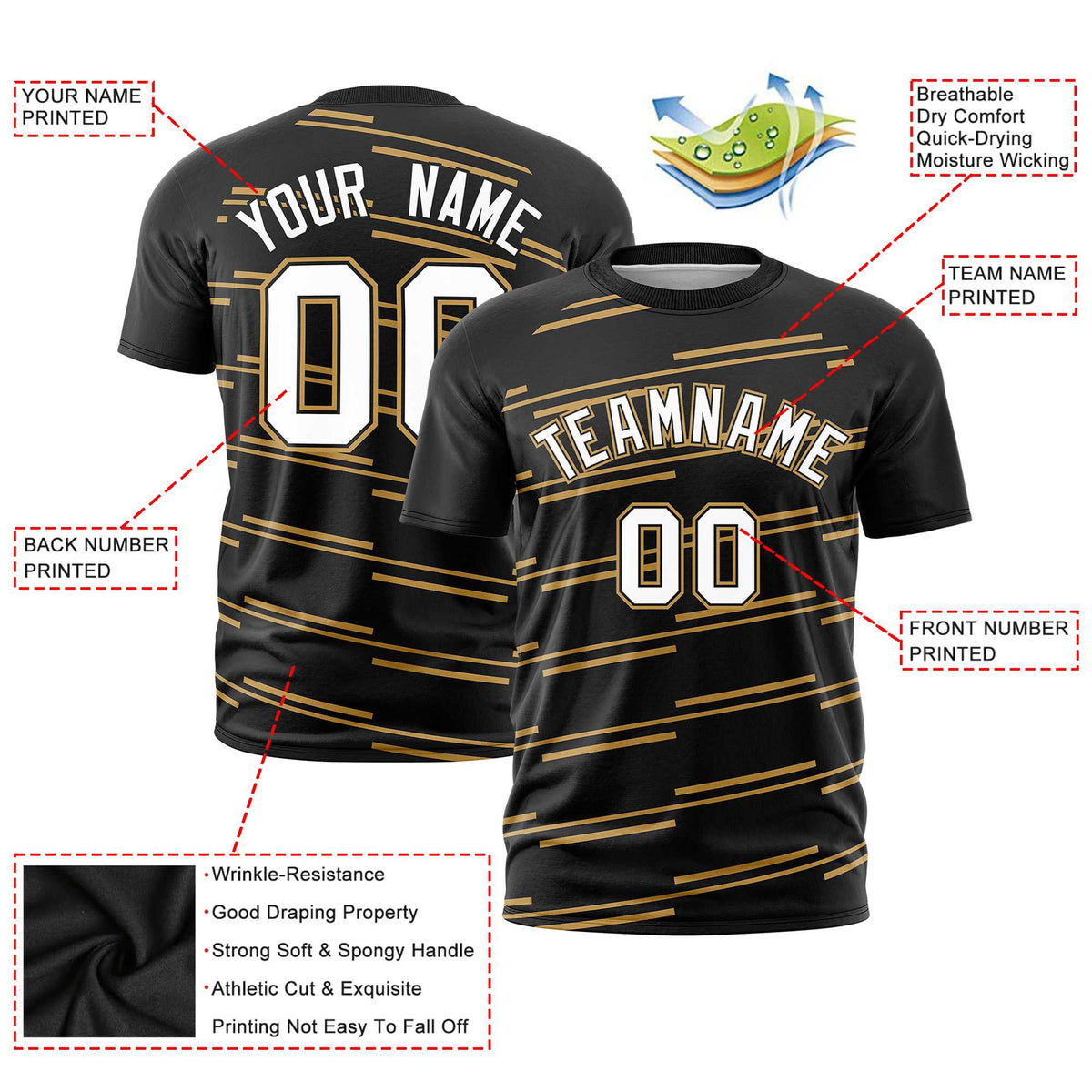 Custom Black Old Gold Personalized Slanting Line Graffiti Pattern Performance T-Shirt