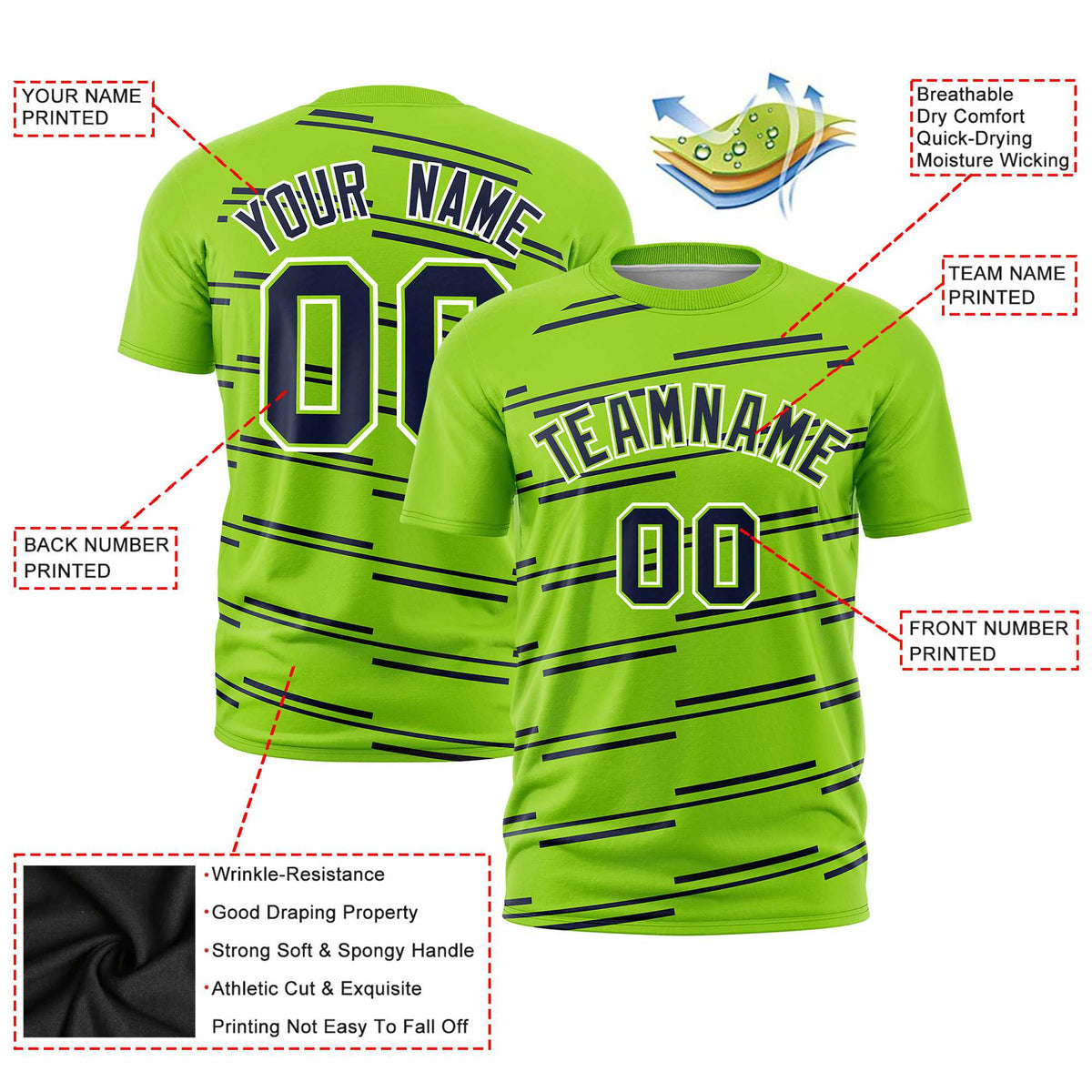 Custom Neon Green Navy Personalized Slanting Line Graffiti Pattern Performance T-Shirt